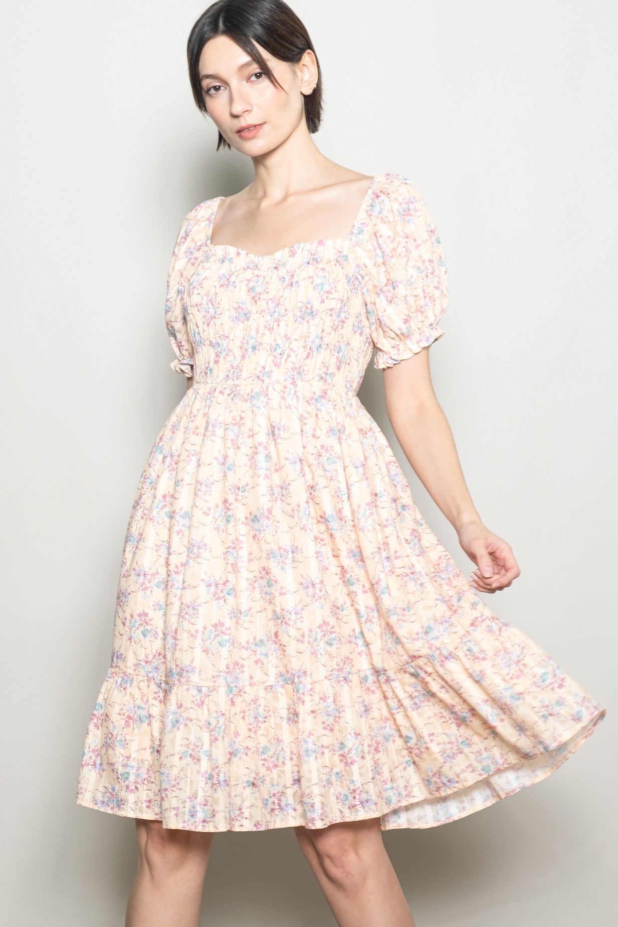 Peach Floral Sweetheart Neck Smocked Maternity Midi Dress