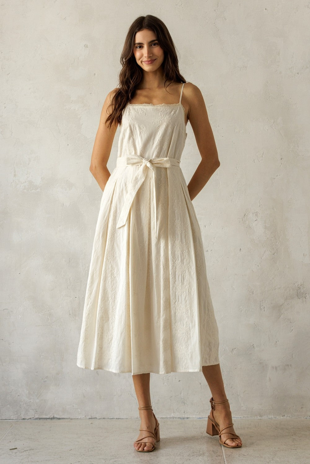 Cream Embroidered Tie Waist Maternity Midi Dress