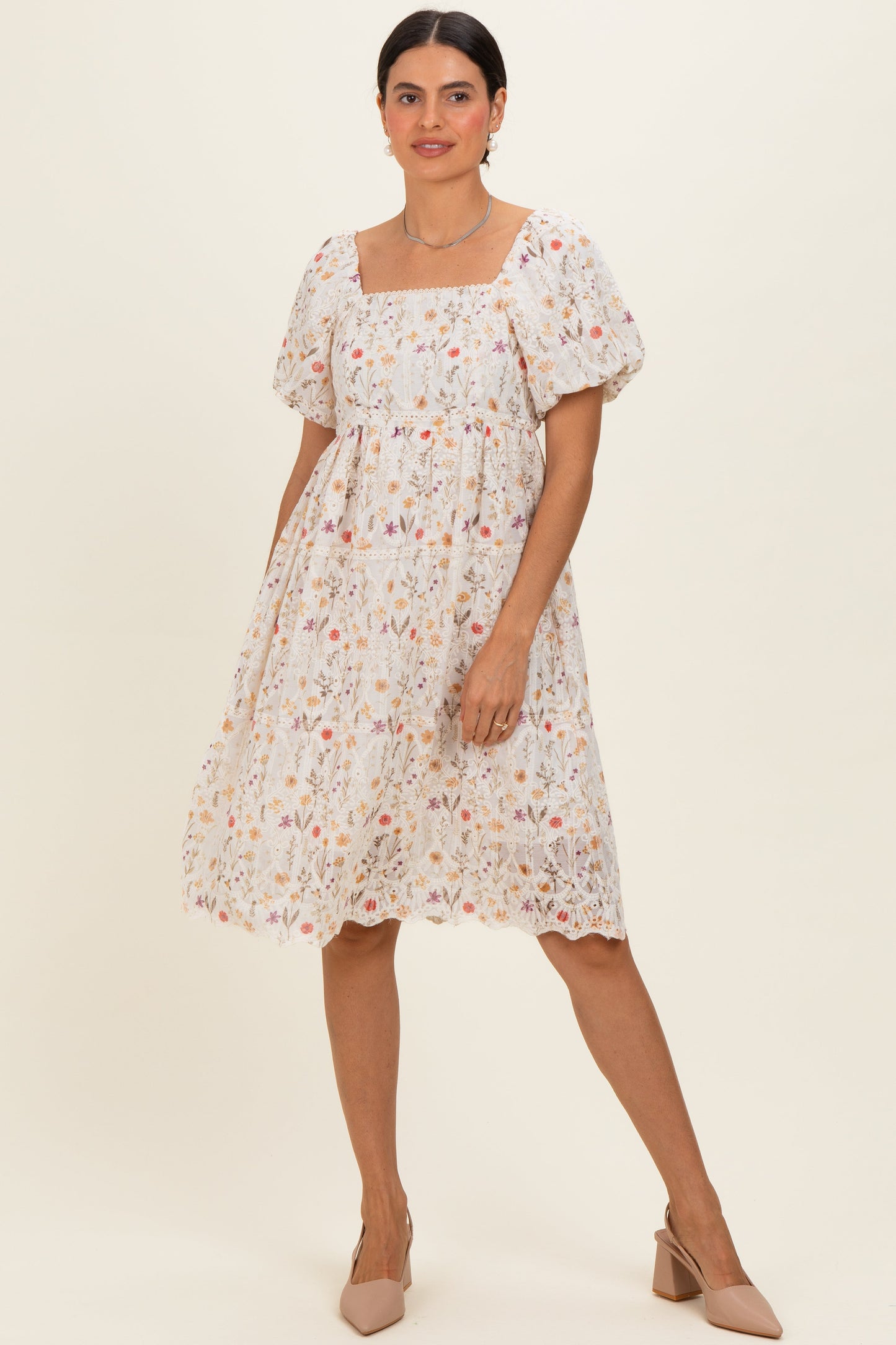 Ivory Floral Embroidered Maternity Mini Dress