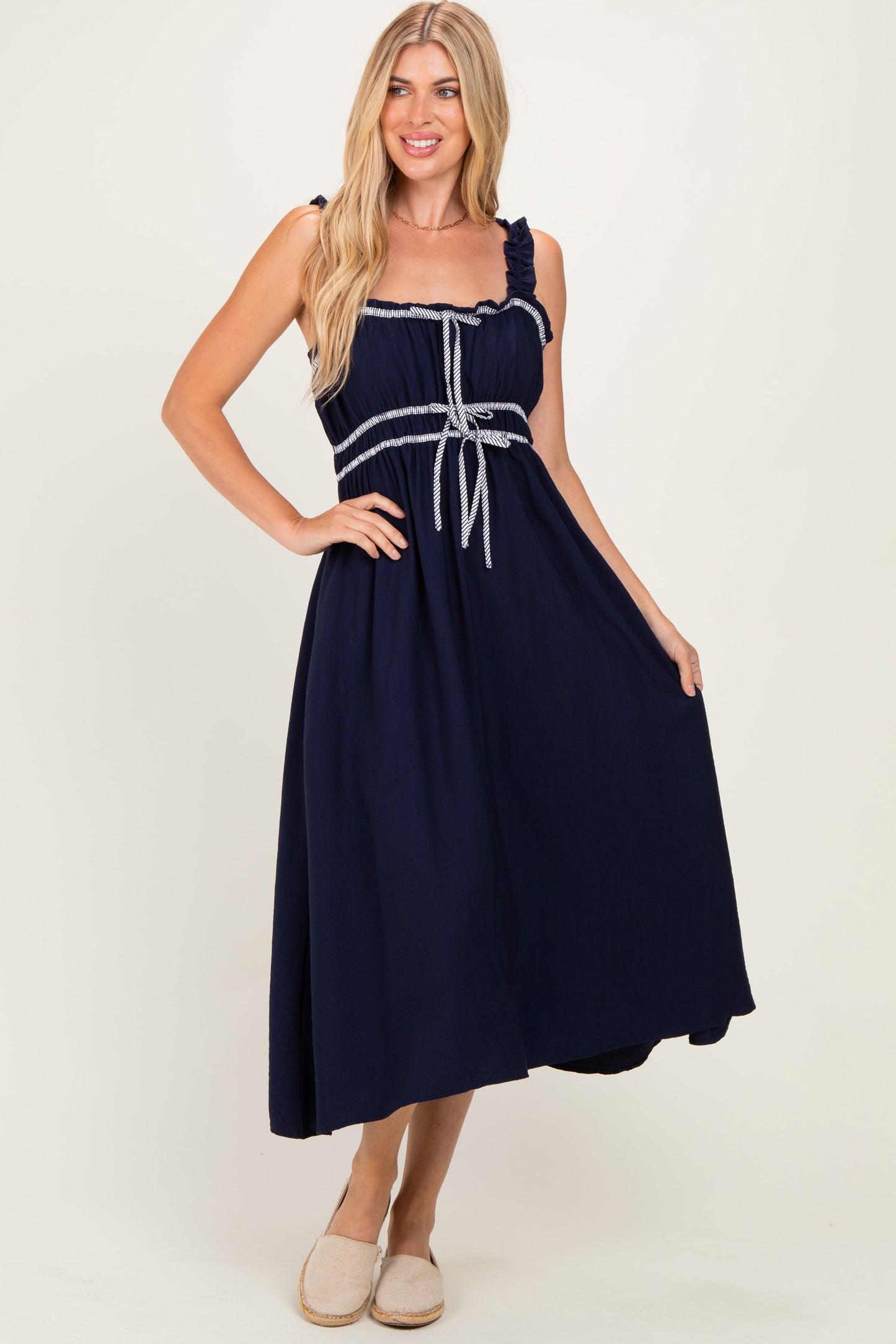 Navy Front Tie Sleeveless Maternity Midi Dress