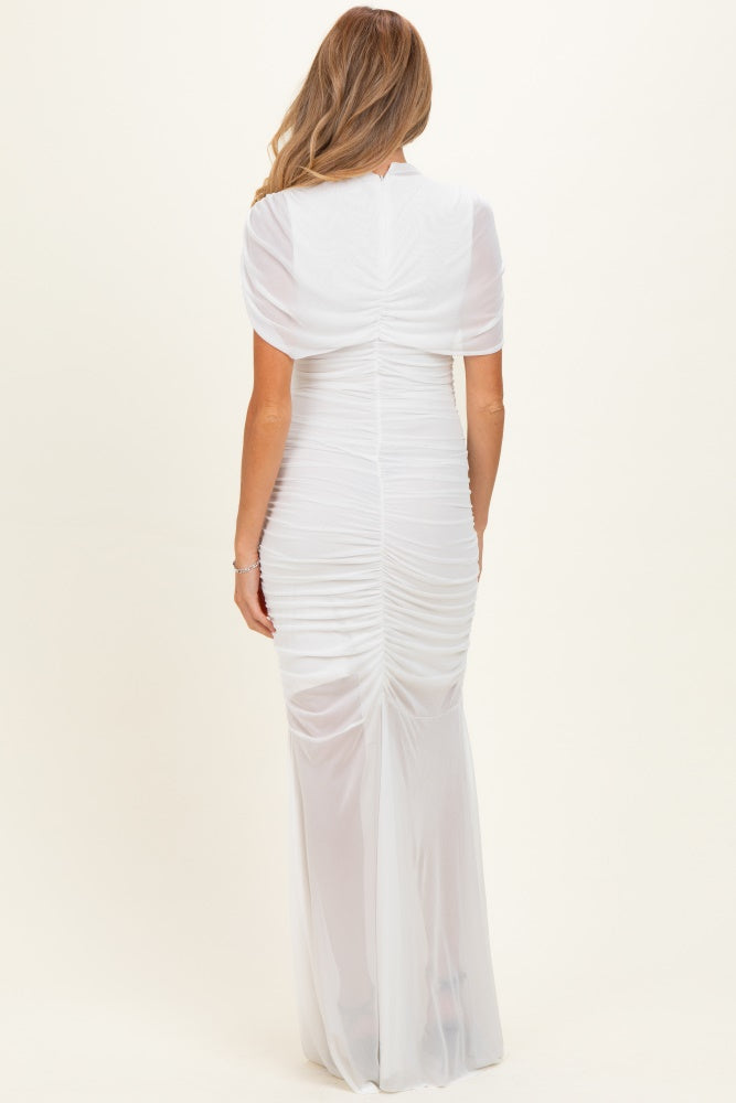 Ivory Draped Bodice Ruched Mesh Maternity Maxi Dress