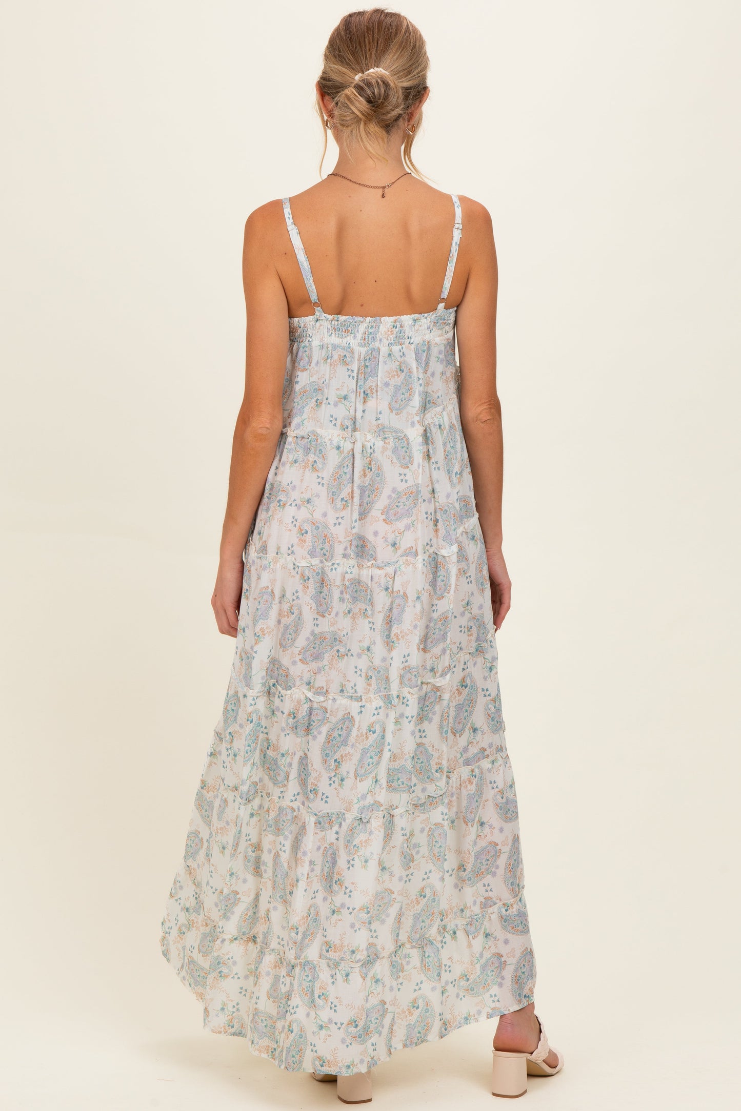 Cream Hi-Lo Spaghetti Strap Paisley Ruffle Maternity Maxi Dress