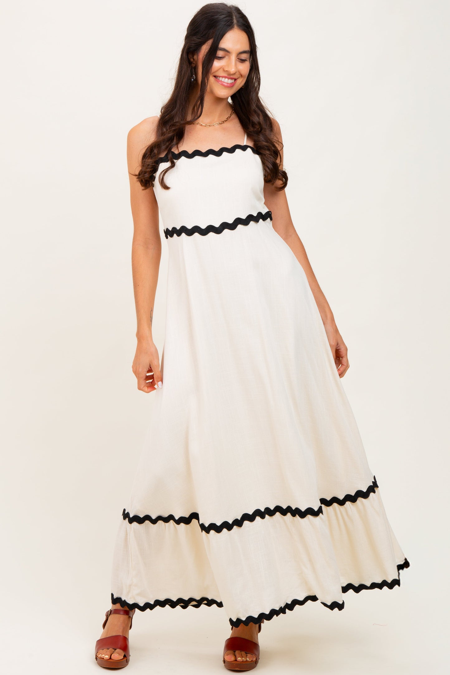 Beige Colorblock Trim Maternity Midi Dress