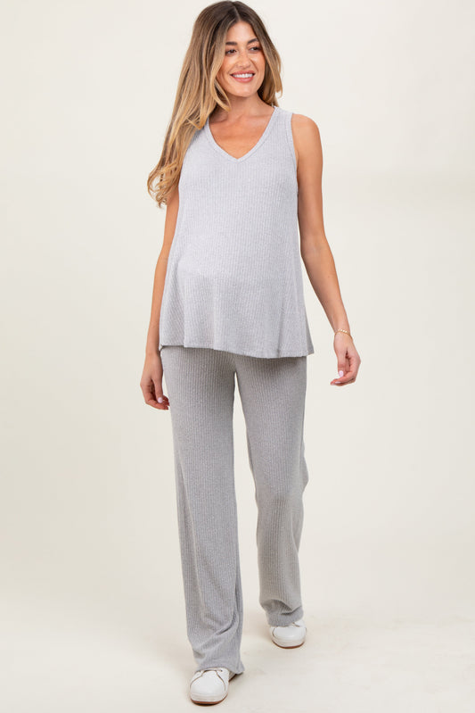 Heather Grey Rib Knit Tank and Pant Maternity Set