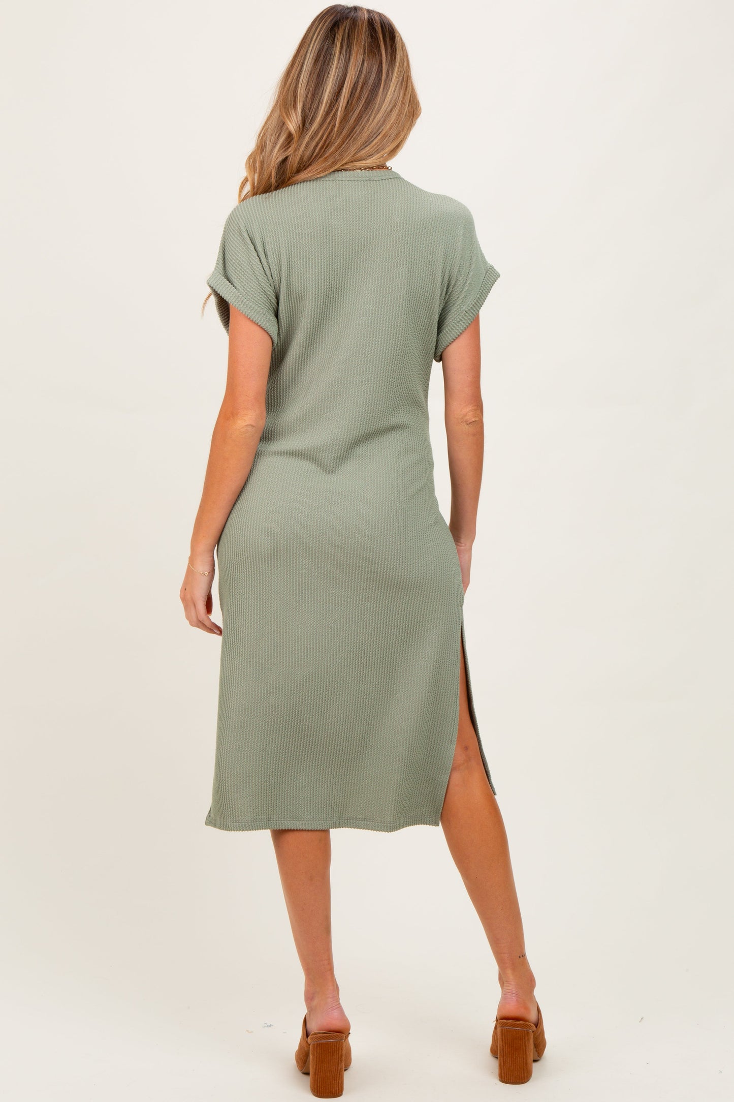 Olive Ribbed Short Sleeve Maternity Midi Dress