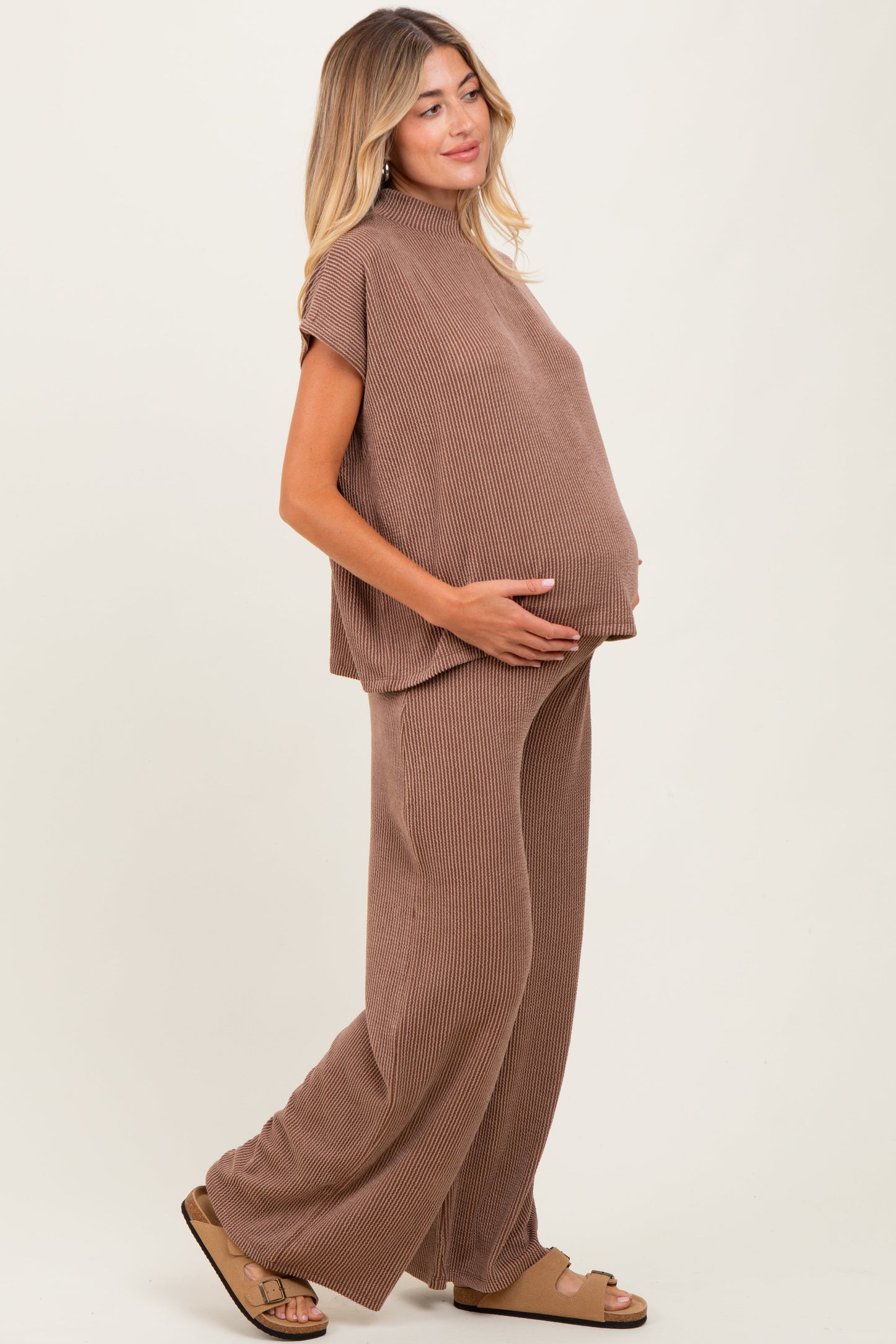 Brown Textured Rib Mock Neck Short Sleeve Pant Maternity Set