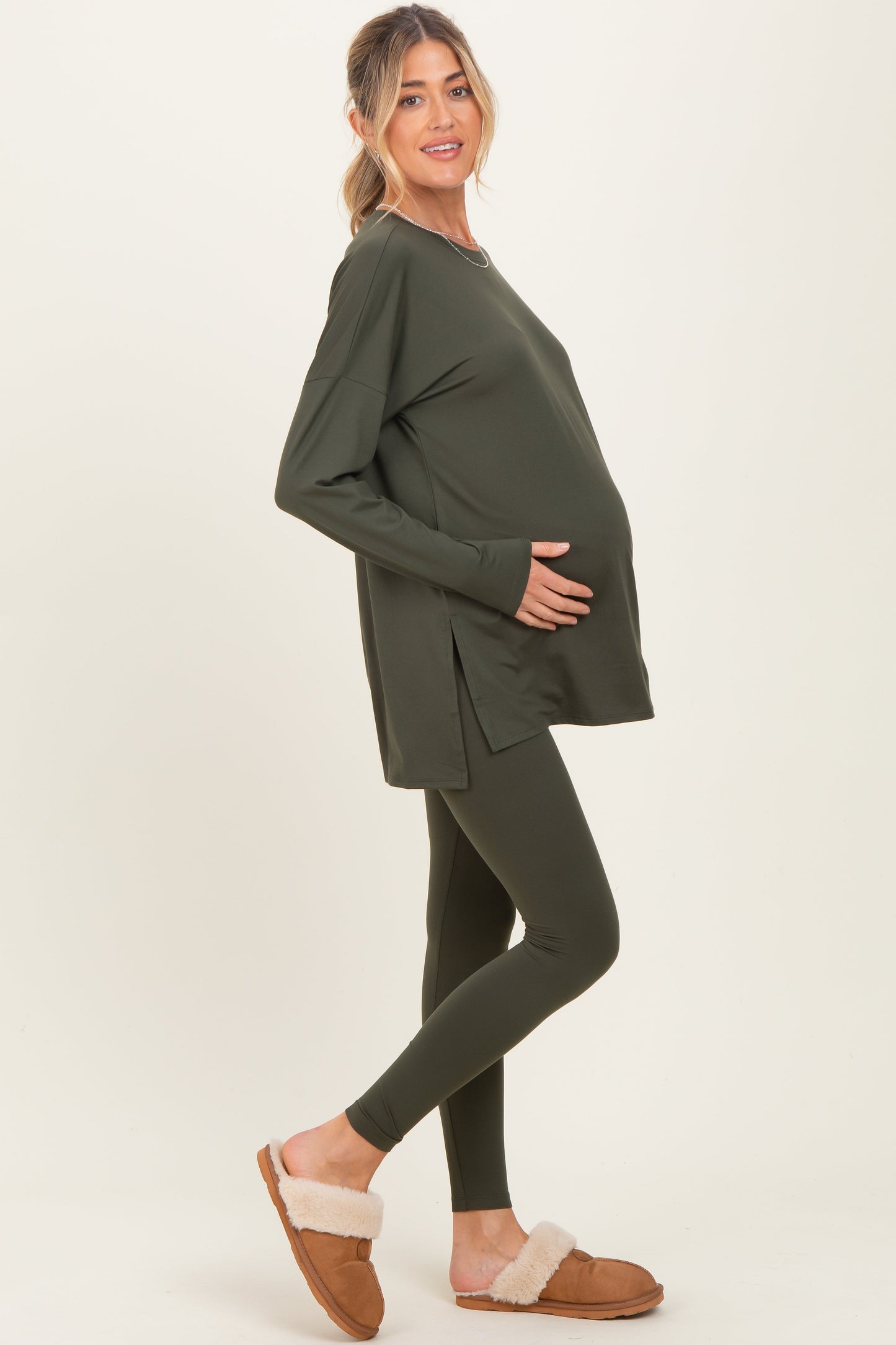 Olive Brushed Knit Maternity Oversized Top and Legging Set
