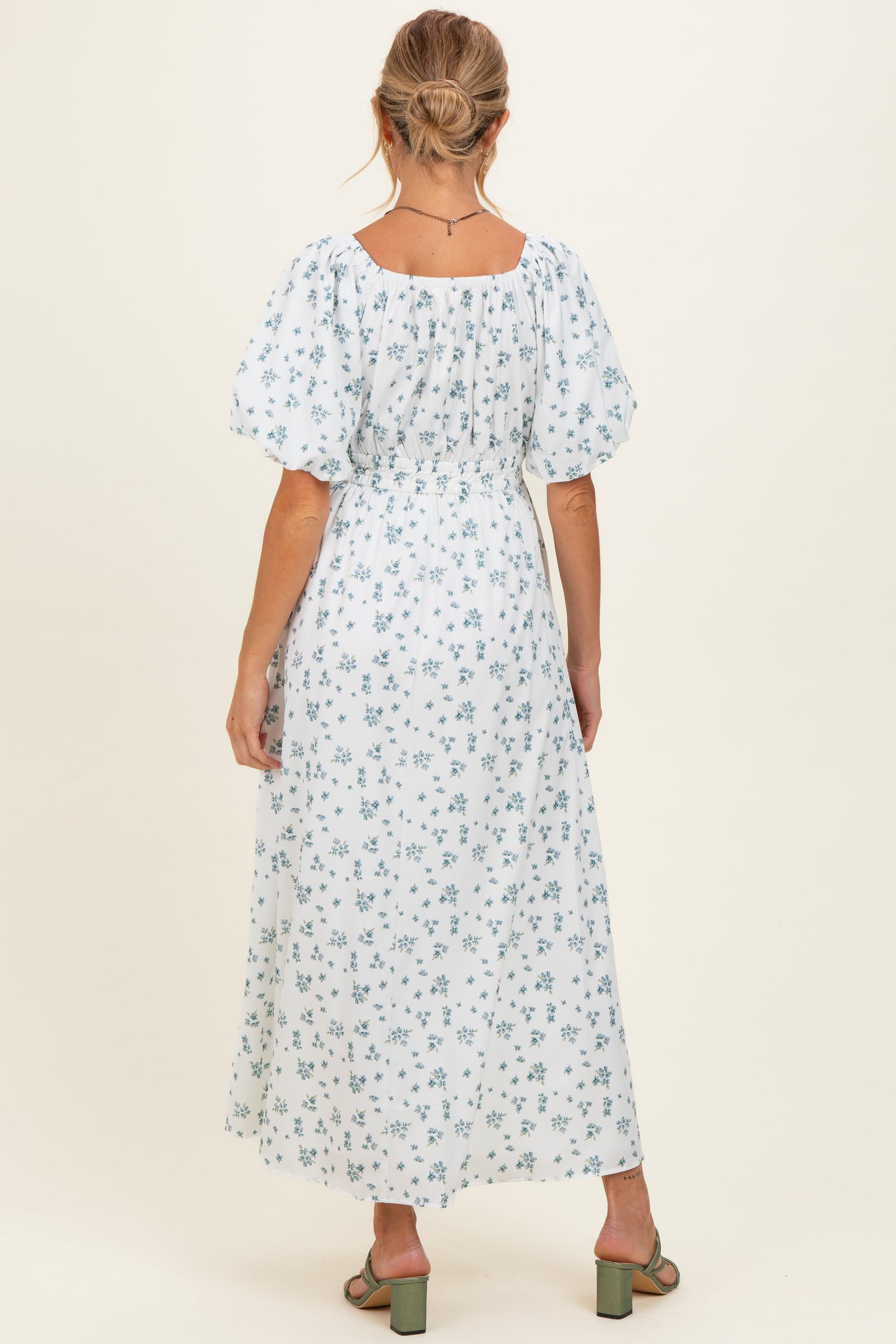 Ivory Floral Puff Sleeve Tie Front Maternity Midi Dress