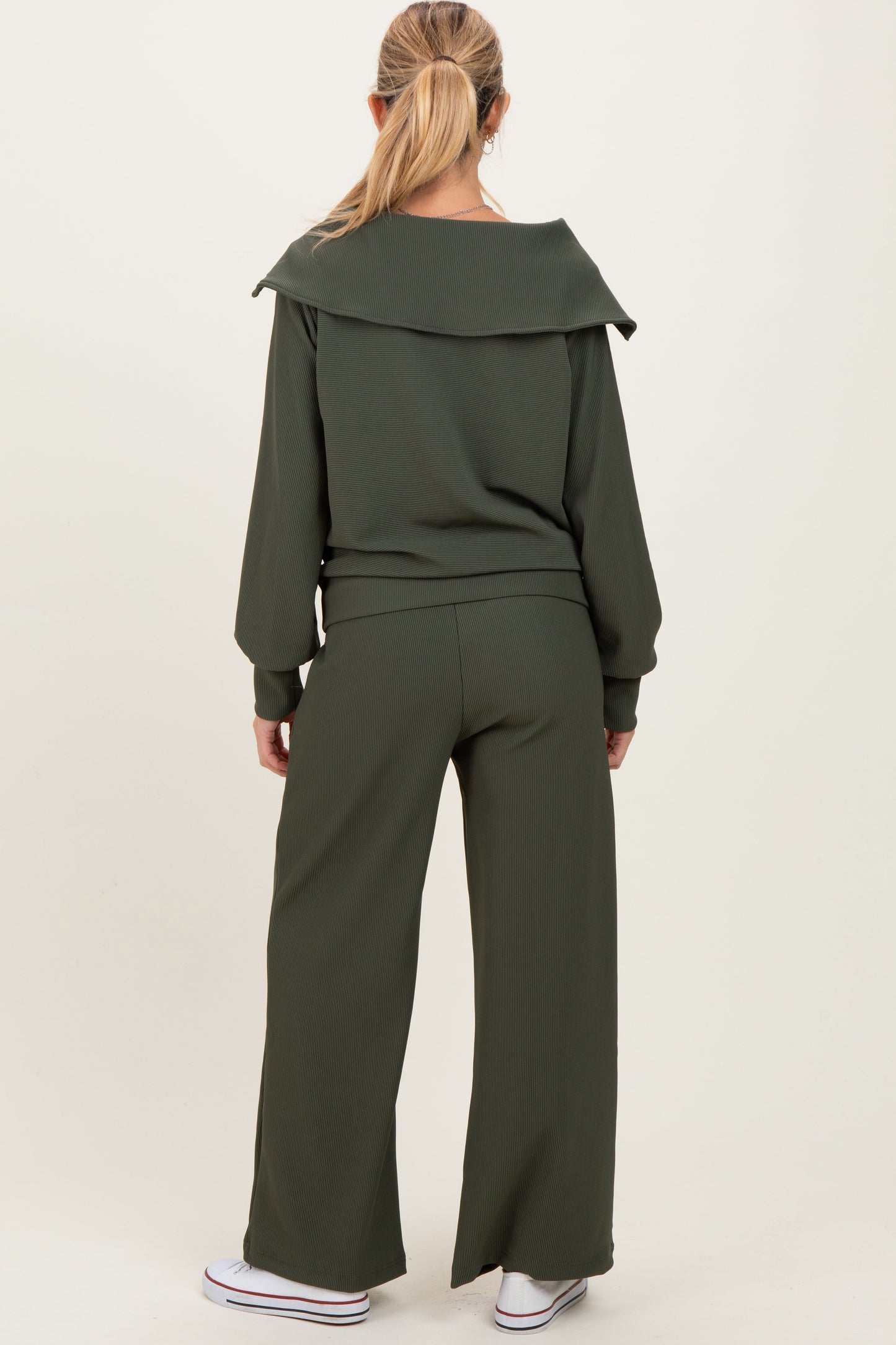 Olive Ribbed Half Zip Pullover Wide Leg Pant Maternity Set