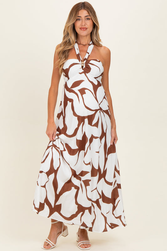 Brown Printed Halter Maternity Maxi Dress