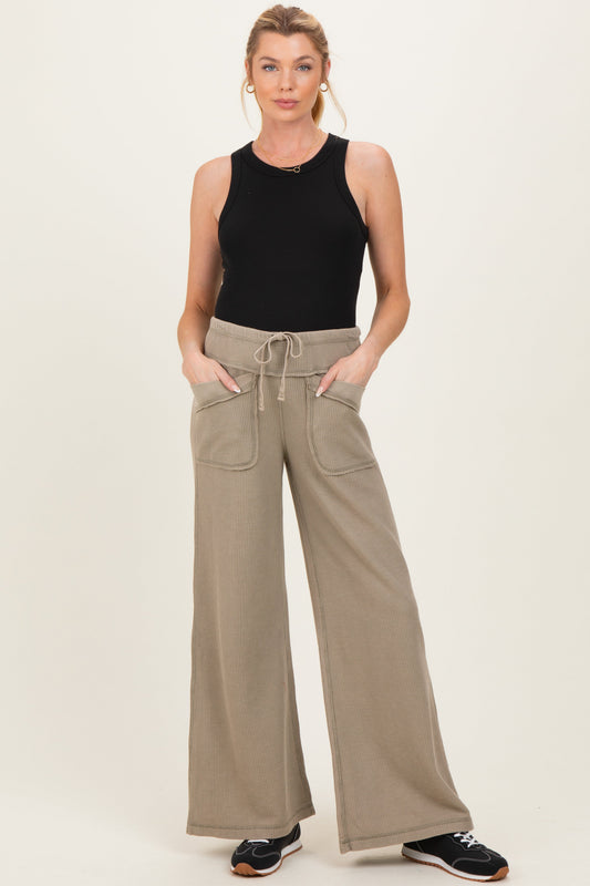 Olive Mineral Wash Waffle Knit Wide Leg Maternity Pants