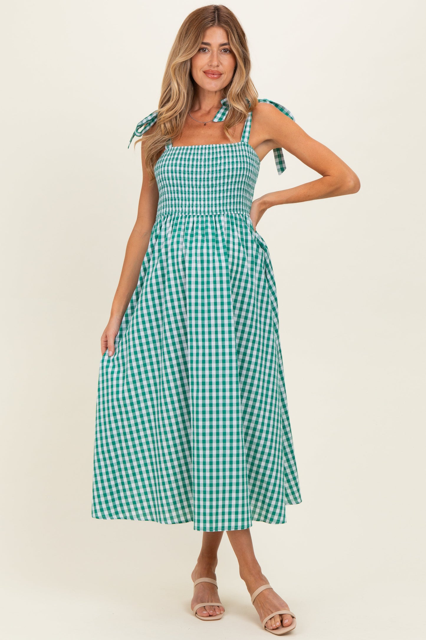 Green Gingham Smocked Shoulder Tie Maternity Midi Dress
