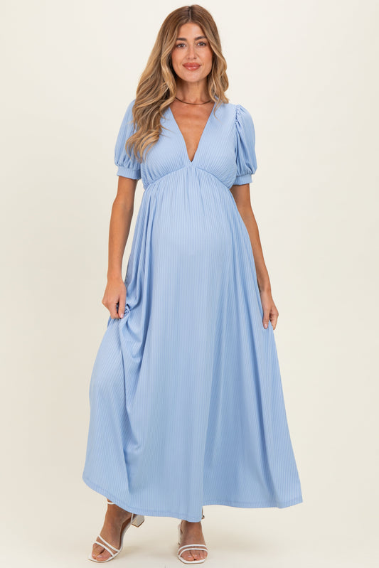 Blue Ribbed Puff Sleeve V-Neck Empire Waist Maternity Maxi Dress