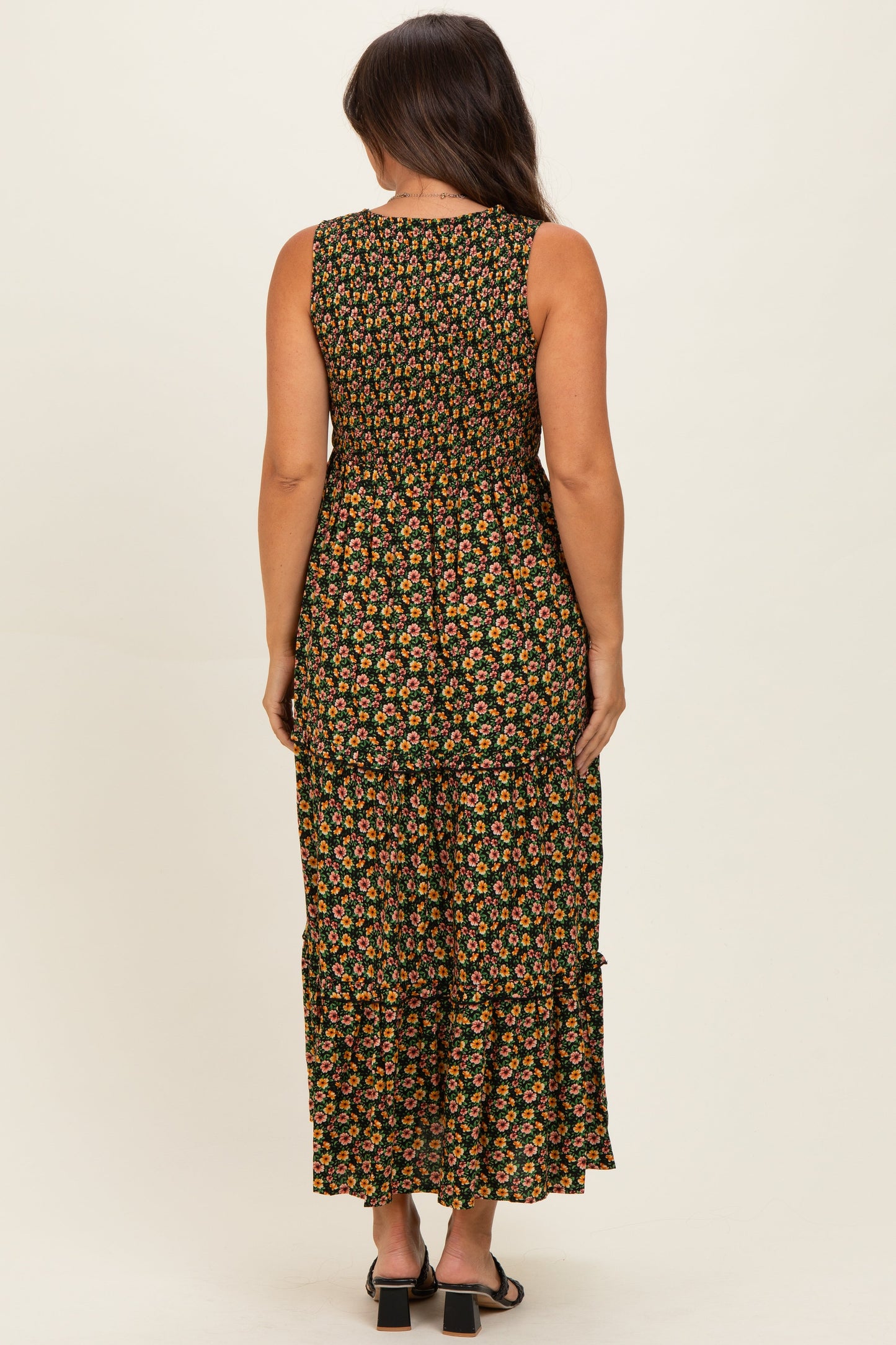 Multicolor Floral Smocked Sleeveless Tiered Maternity Maxi Dress