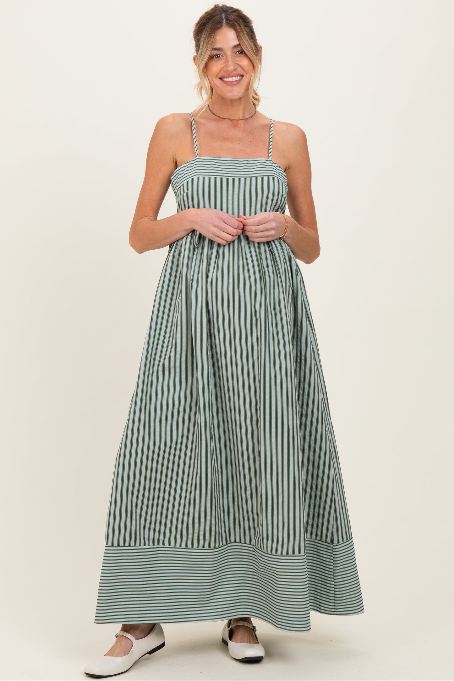 Olive Mixed Stripe Sleeveless Maternity Maxi Dress