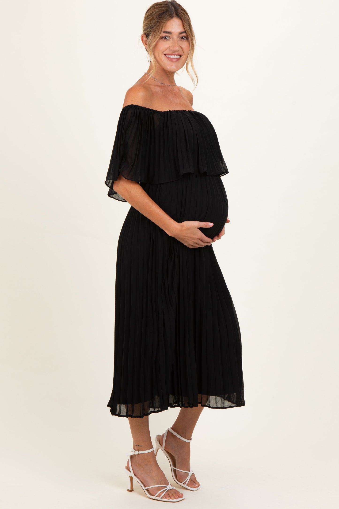 Black Pleated Off Shoulder Flounce Maternity Midi Dress