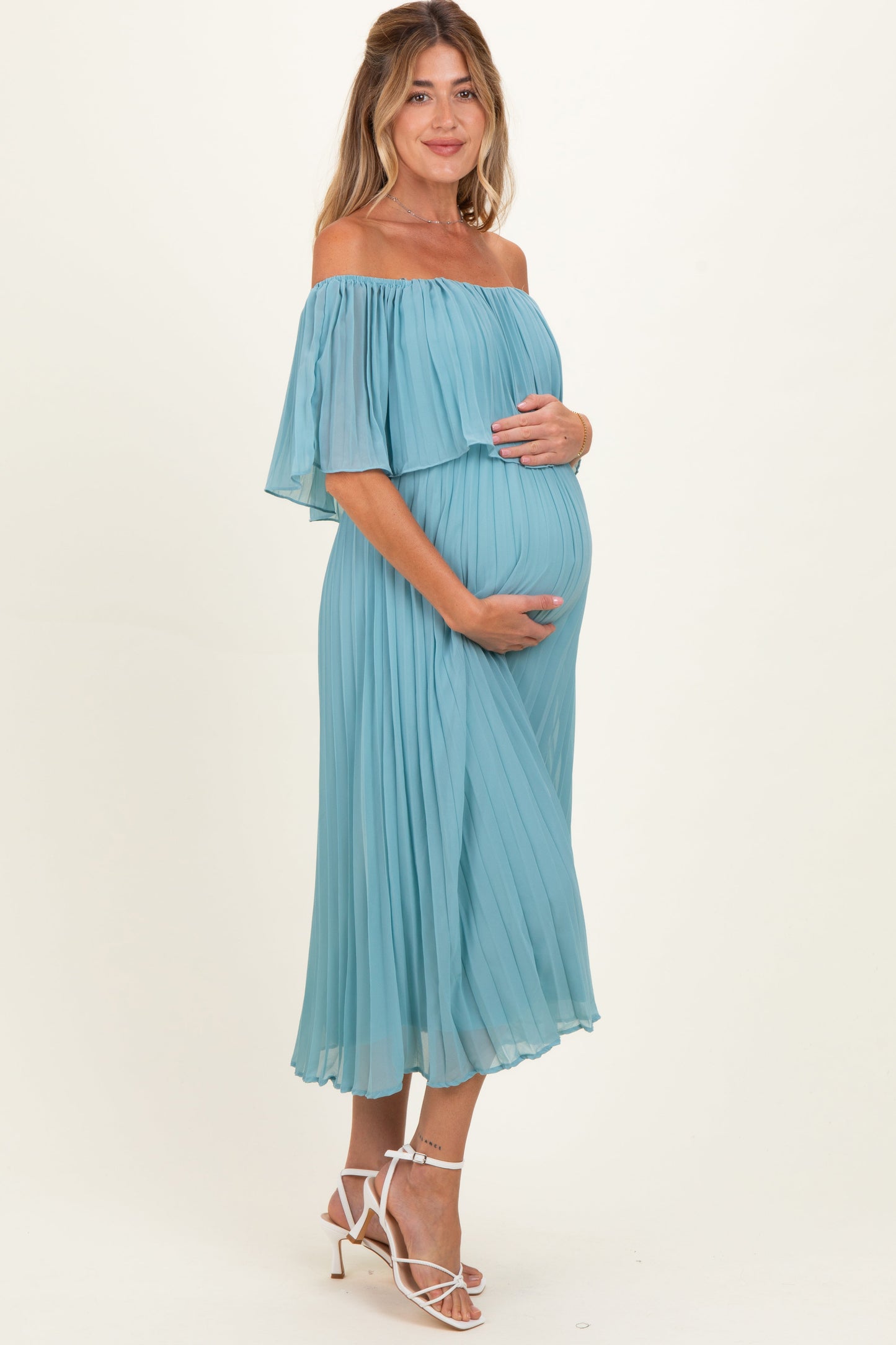 Blue Pleated Off Shoulder Flounce Maternity Midi Dress