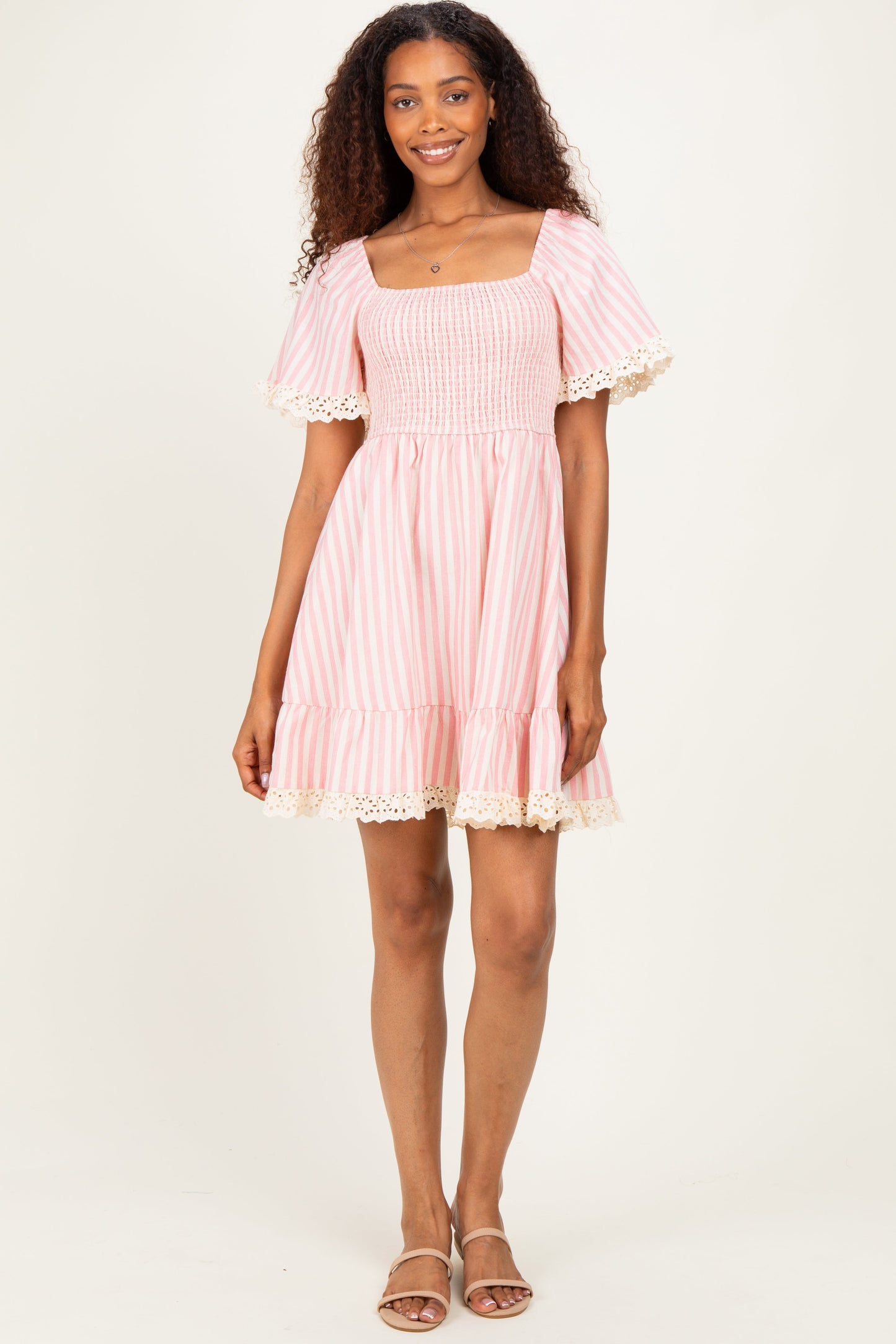 Light Pink Striped Smocked Lace Trim Maternity Dress