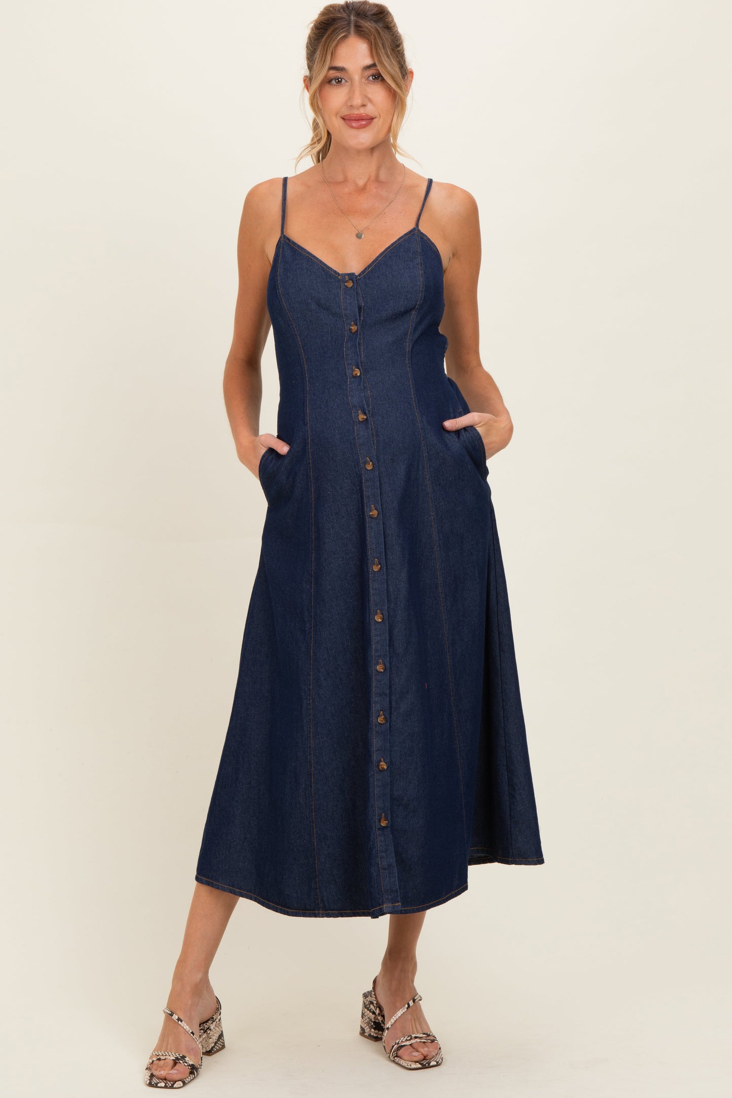 Navy Button-Down Denim Maternity Midi Dress