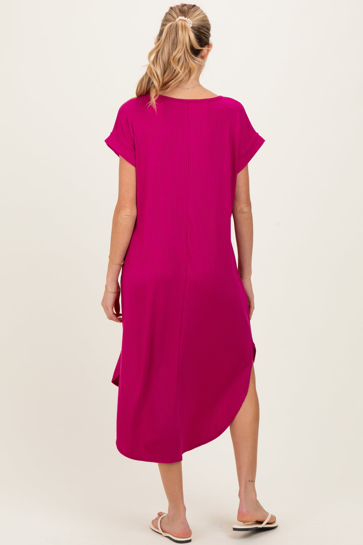 Magenta Ribbed Curved Hem Maternity Midi Dress