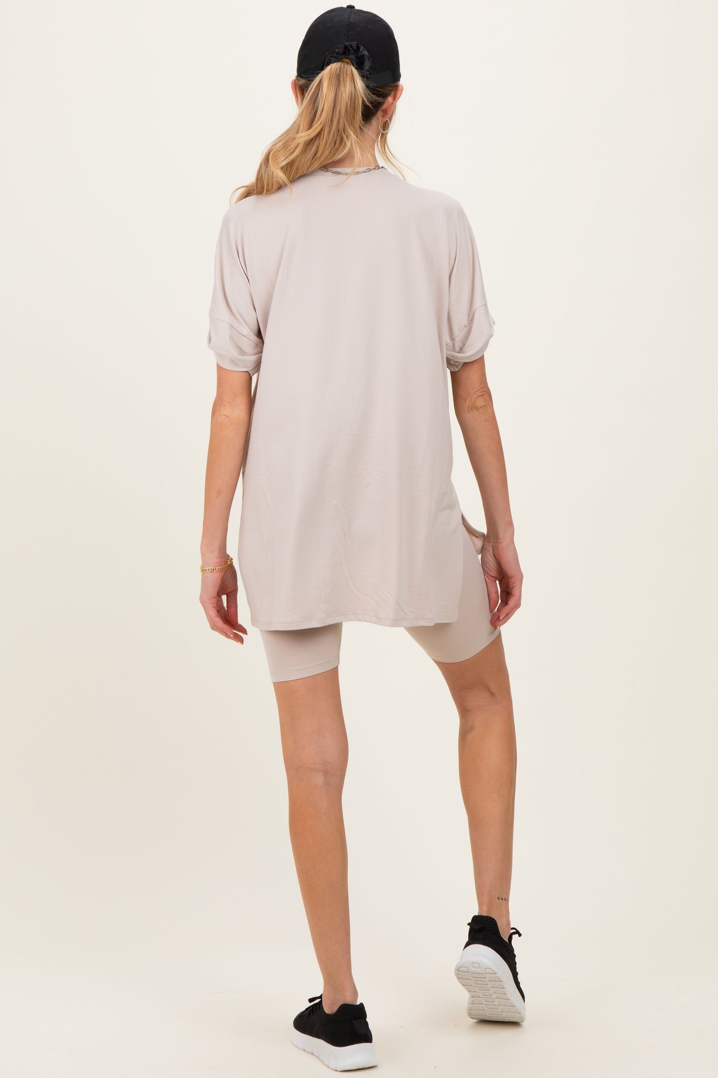 Sand Beige Hi-Low Short Sleeve Tee Biker Short Maternity Set