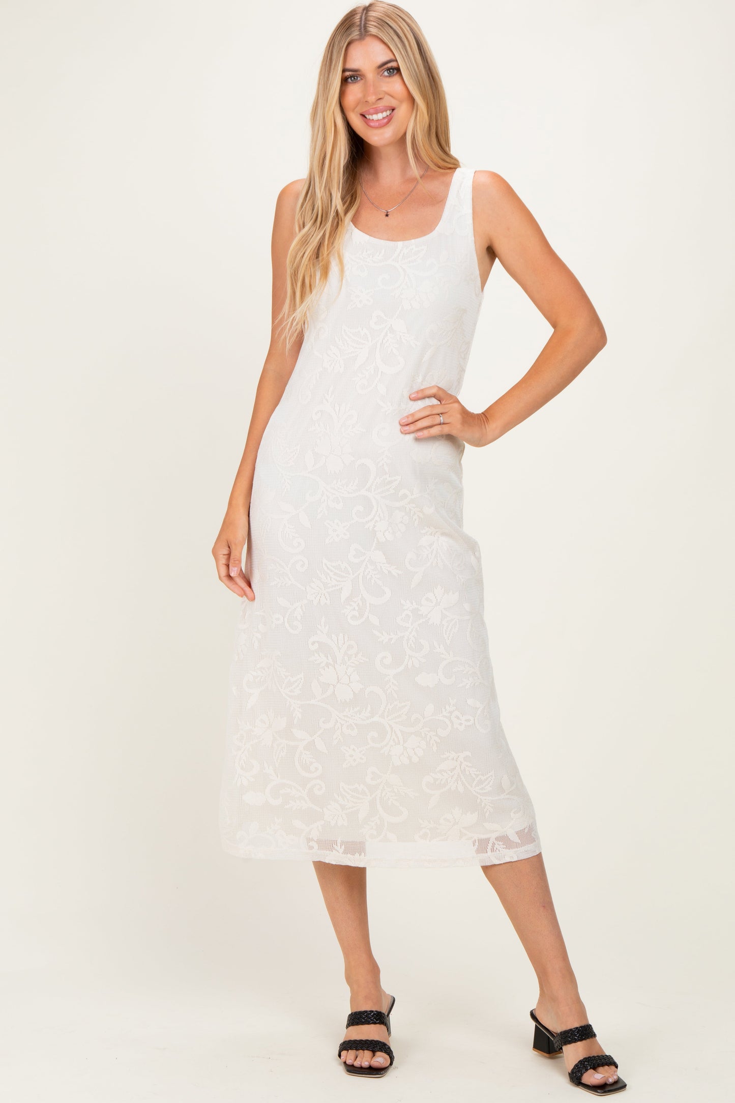 Ivory Floral Jacquard Mesh Maternity Midi Dress