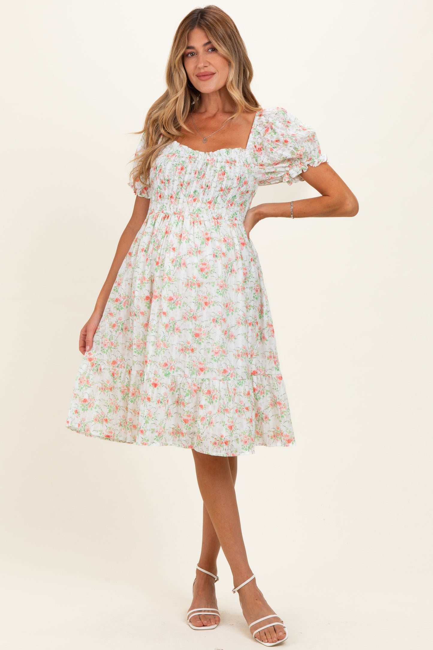 Off White Floral Sweetheart Neck Smocked Maternity Midi Dress