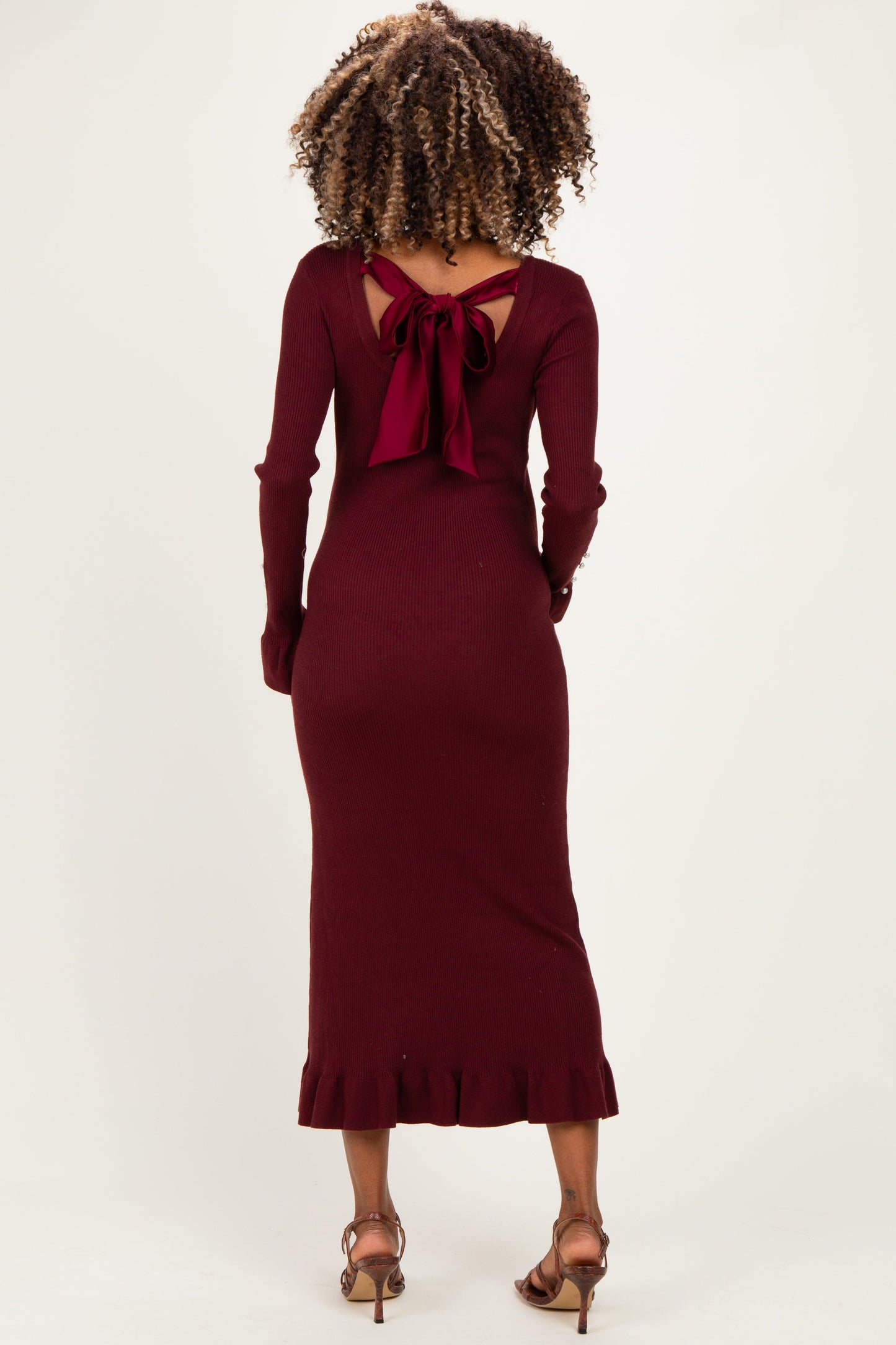 Burgundy Ribbed Knit Bow Back Maternity Maxi Dress