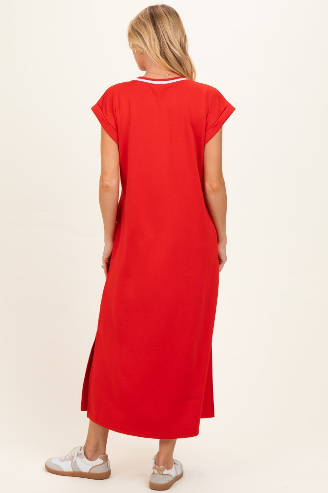 Tomato Red Side Slit Maternity Midi Dress