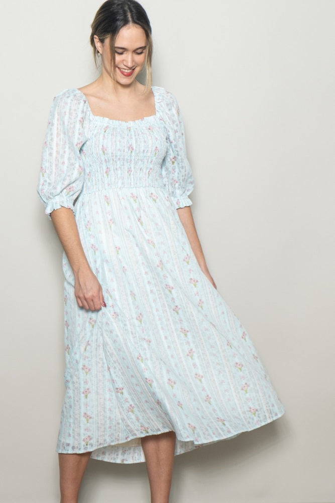 Light Blue Floral Smocked Maternity Midi Dress