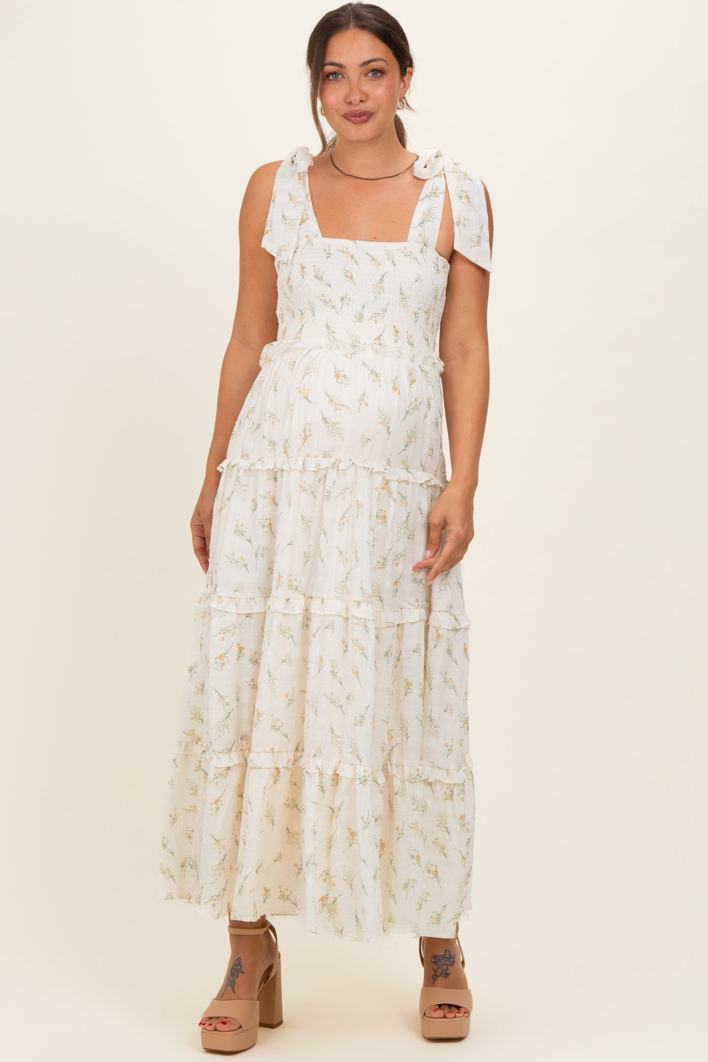 Yellow Floral Smocked Tiered Maternity Maxi Dress