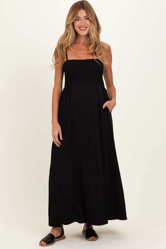 Black Pom Pom Strap Smocked Maternity Maxi Dress
