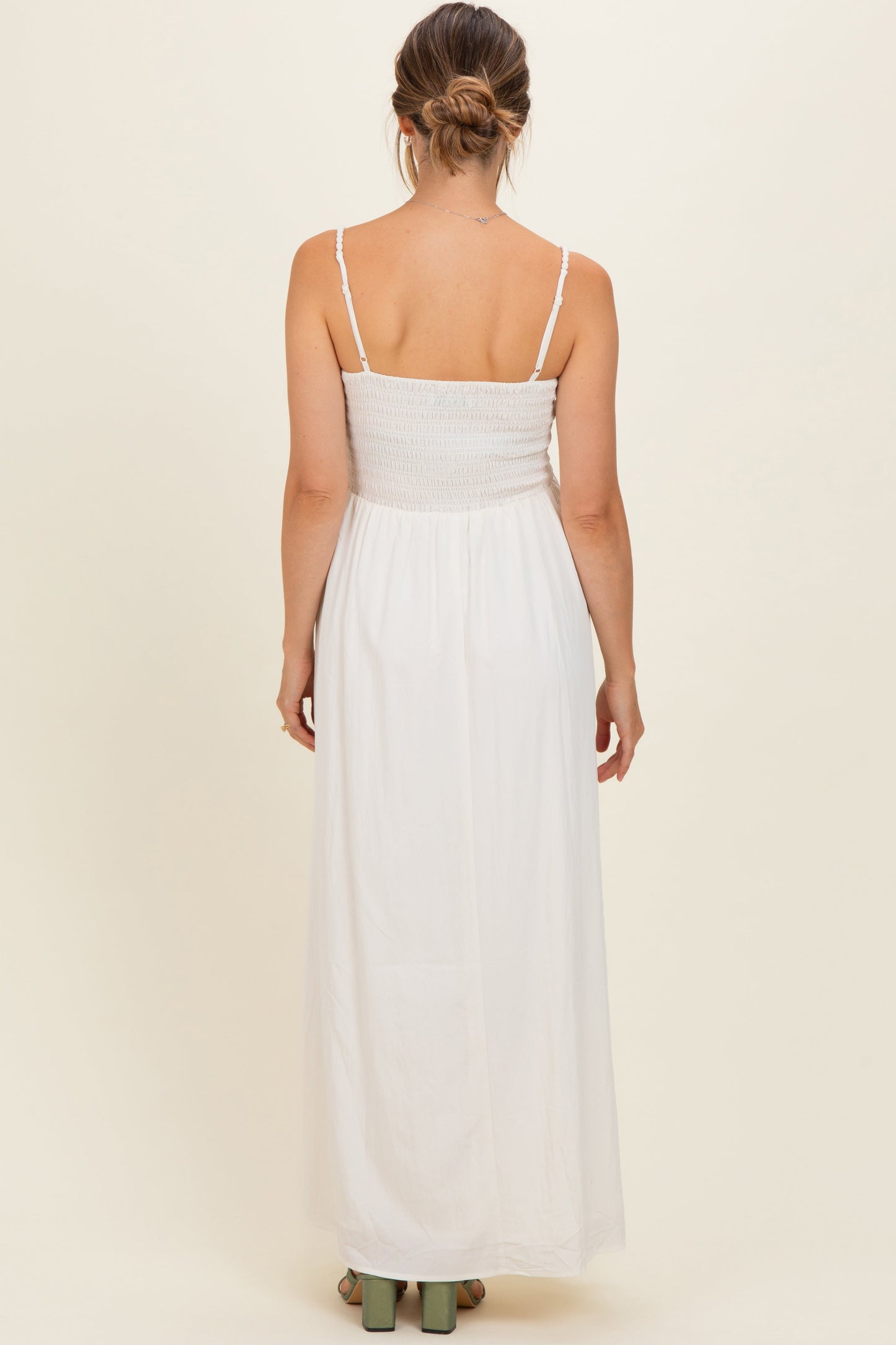 Off White Pom Pom Strap Smocked Maternity Maxi Dress