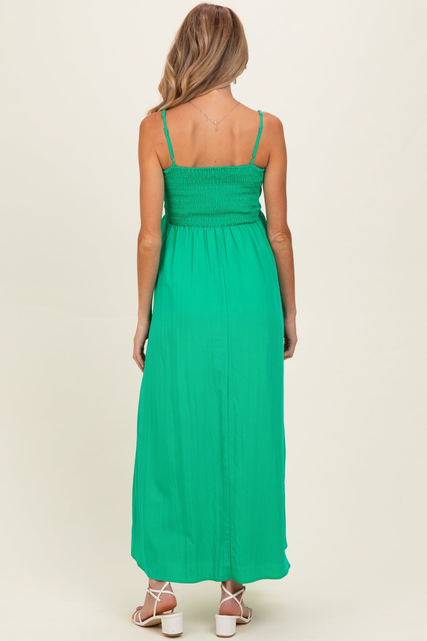 Green Pom Pom Strap Smocked Maternity Maxi Dress