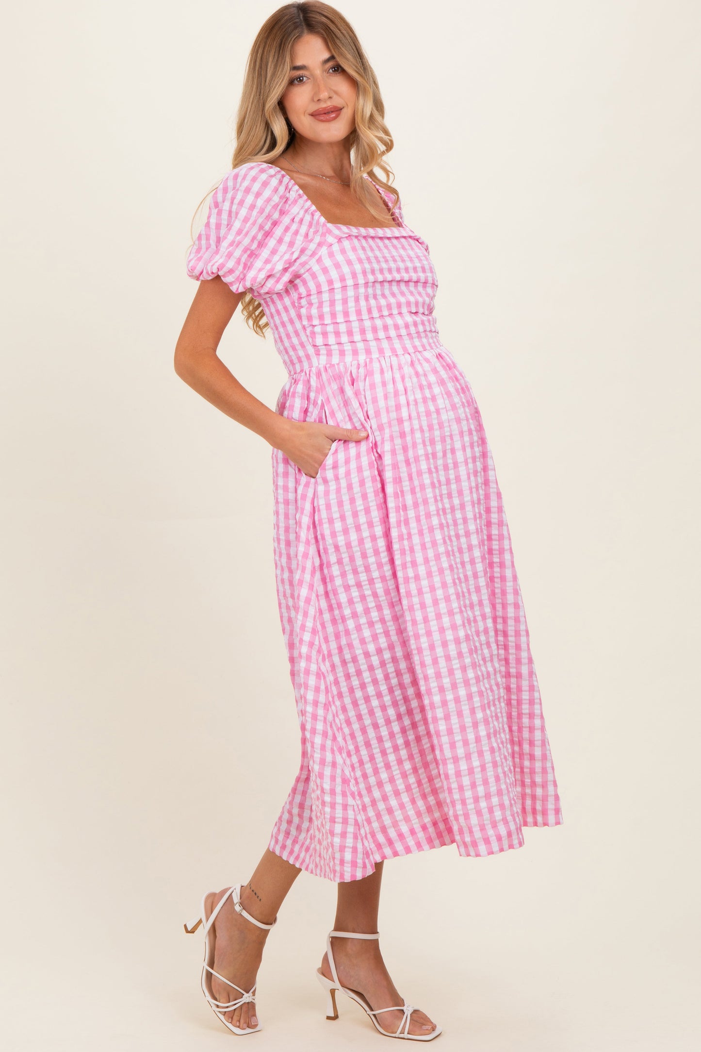 Pink Gingham Puff Sleeve Maternity Midi Dress
