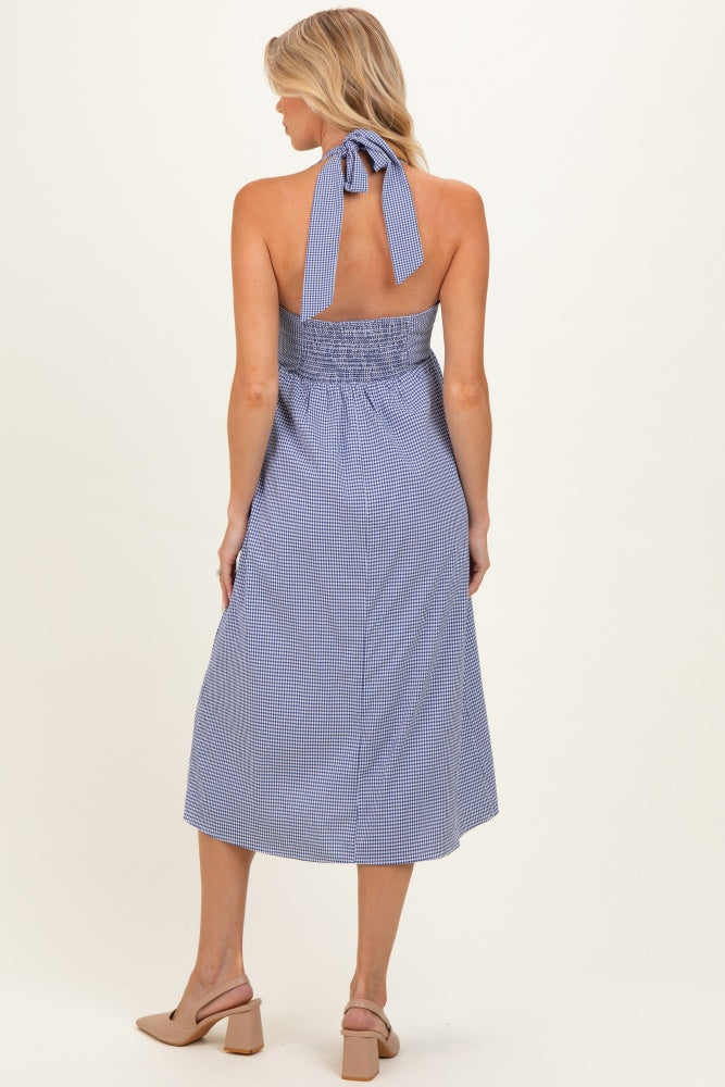 Navy Gingham Halter Neck Maternity Midi Dress