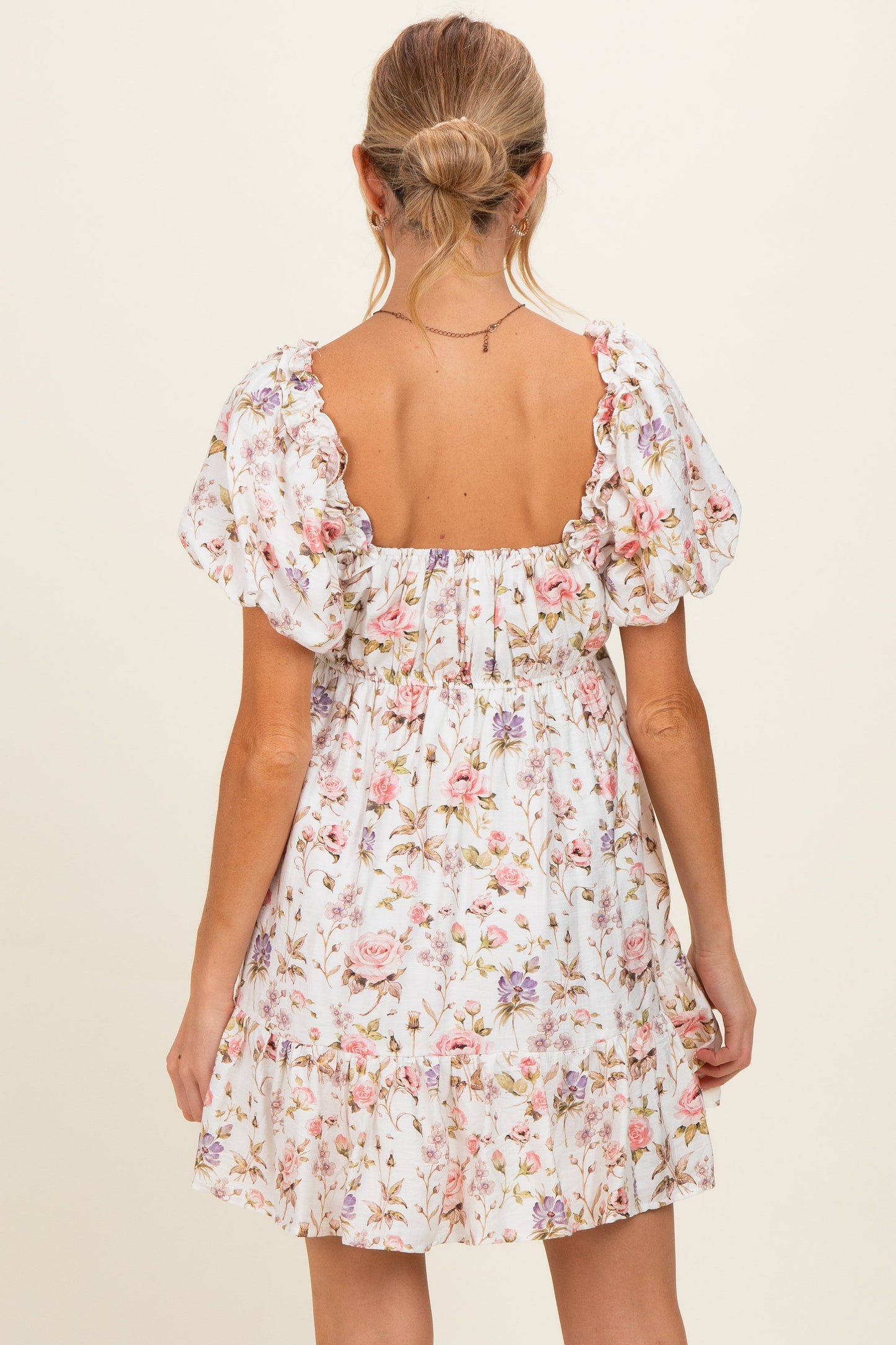 Ivory Floral Puff Sleeve Maternity Mini Dress
