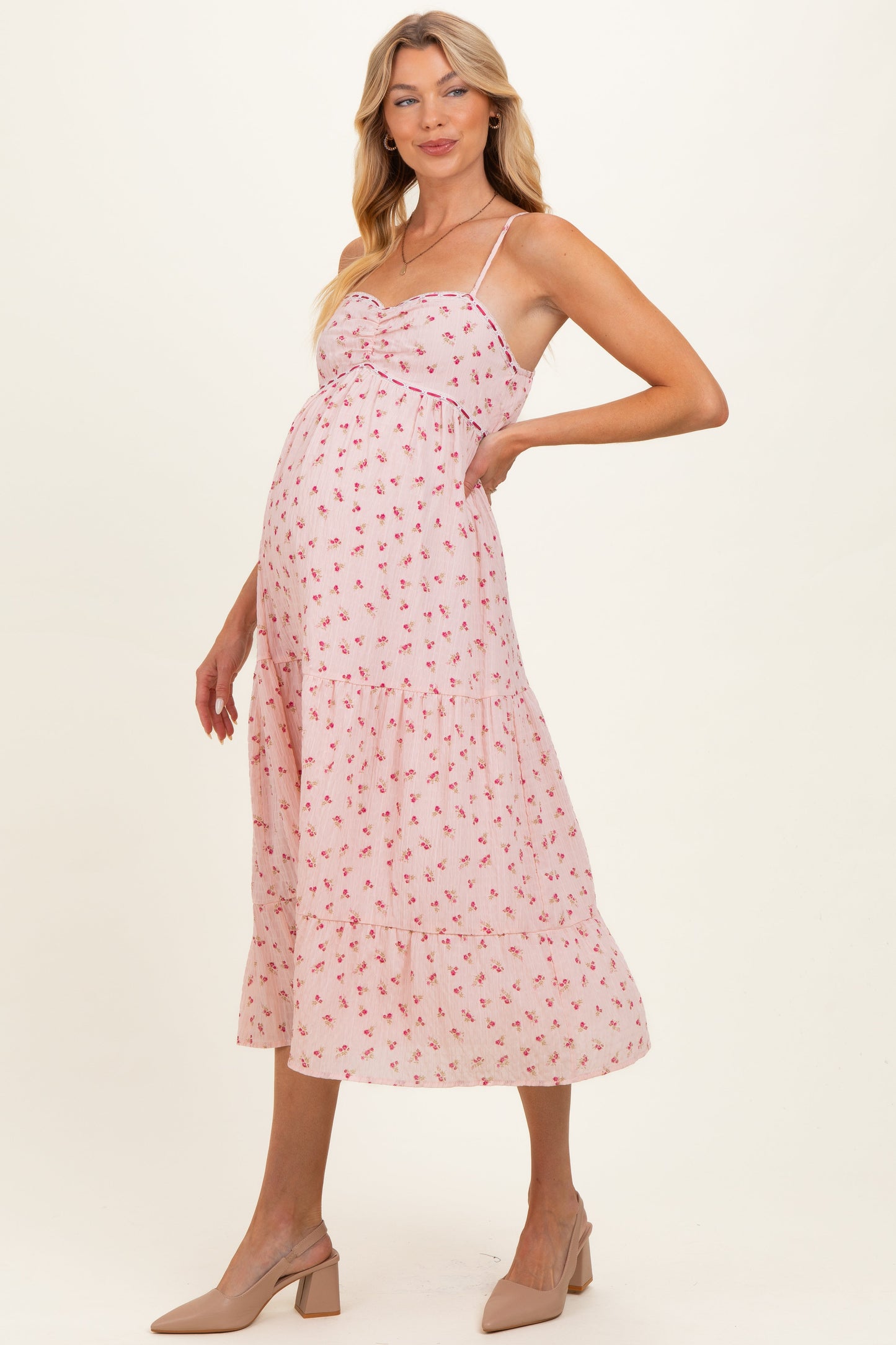Light Pink Floral Ribbon Detail Maternity Midi Dress