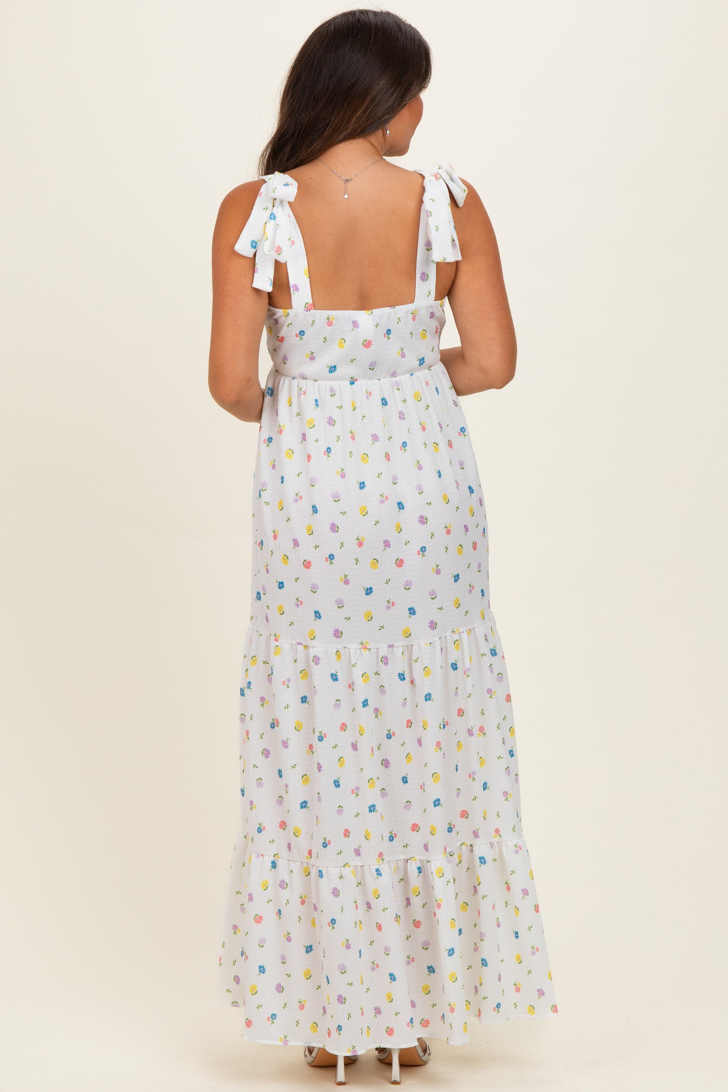 Ivory Floral Tiered Shoulder Tie Maternity Maxi Dress