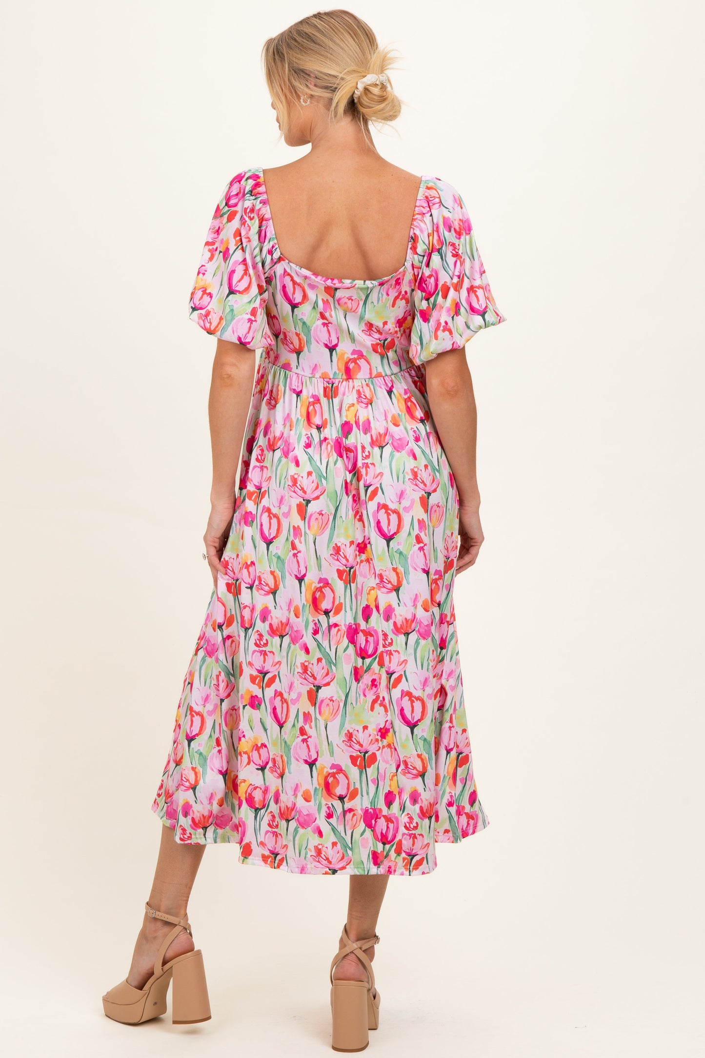 Pink Floral Square Neck Babydoll Maternity Maxi Dress