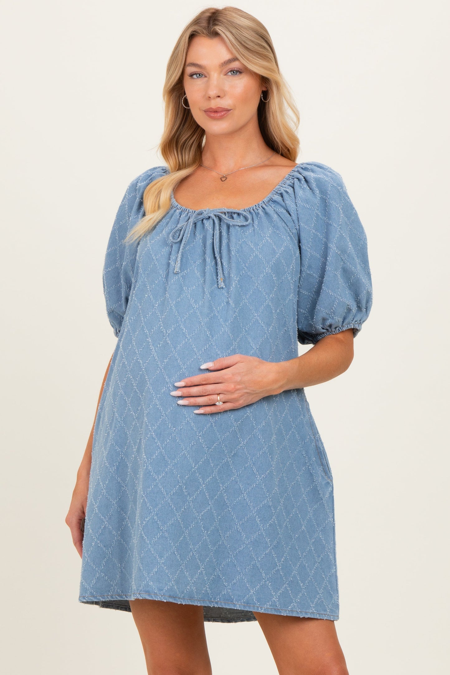 Light Blue Chambray Jacquard Puff Sleeve Maternity Mini Dress