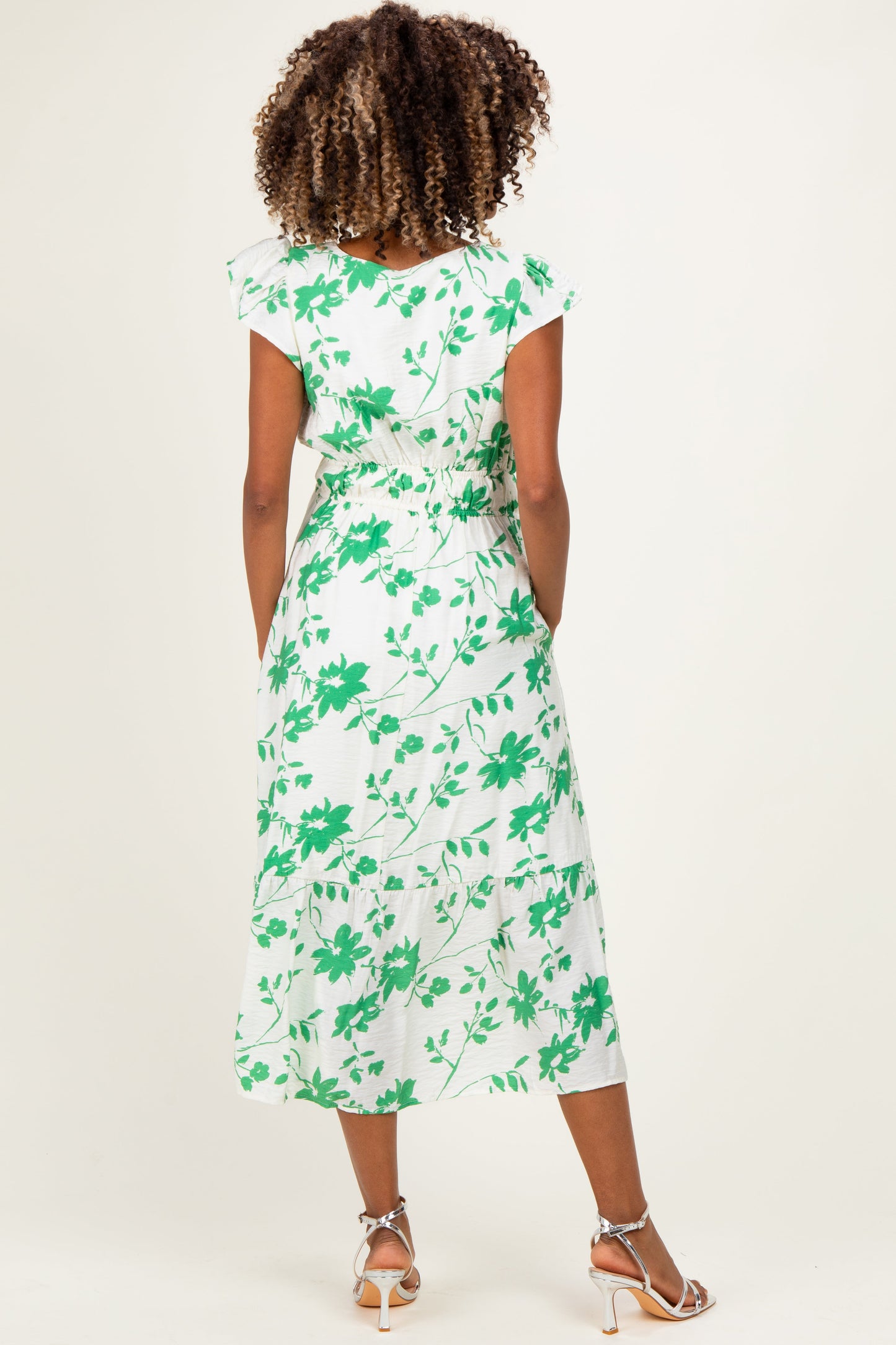 Green Floral Button Detail Maternity Midi Dress