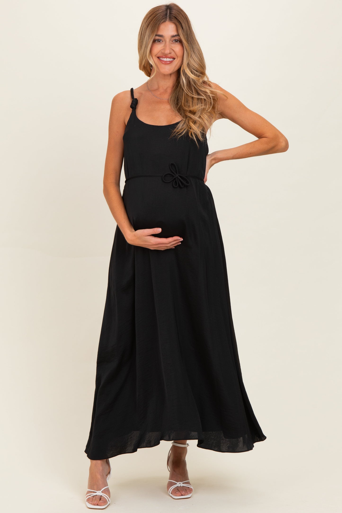 Black Sleeveless Flower Belt Maxi Dress
