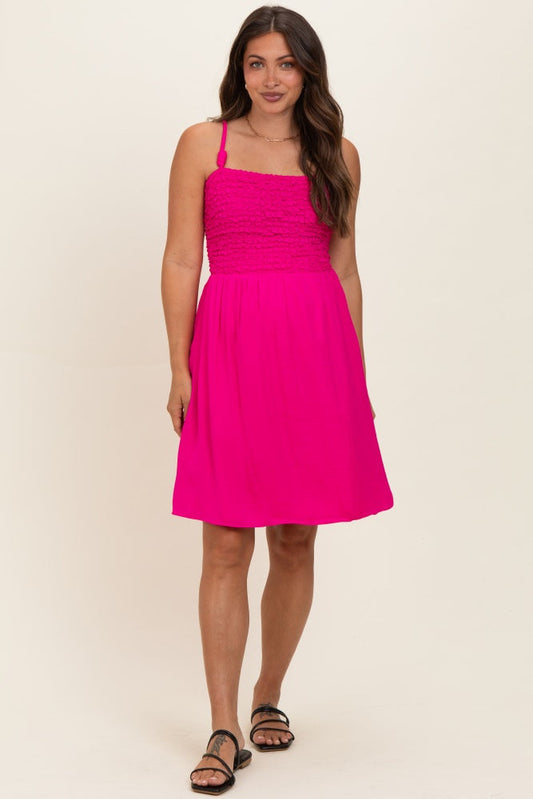 Hot Pink Knot Detail Smocked Maternity Mini Dress