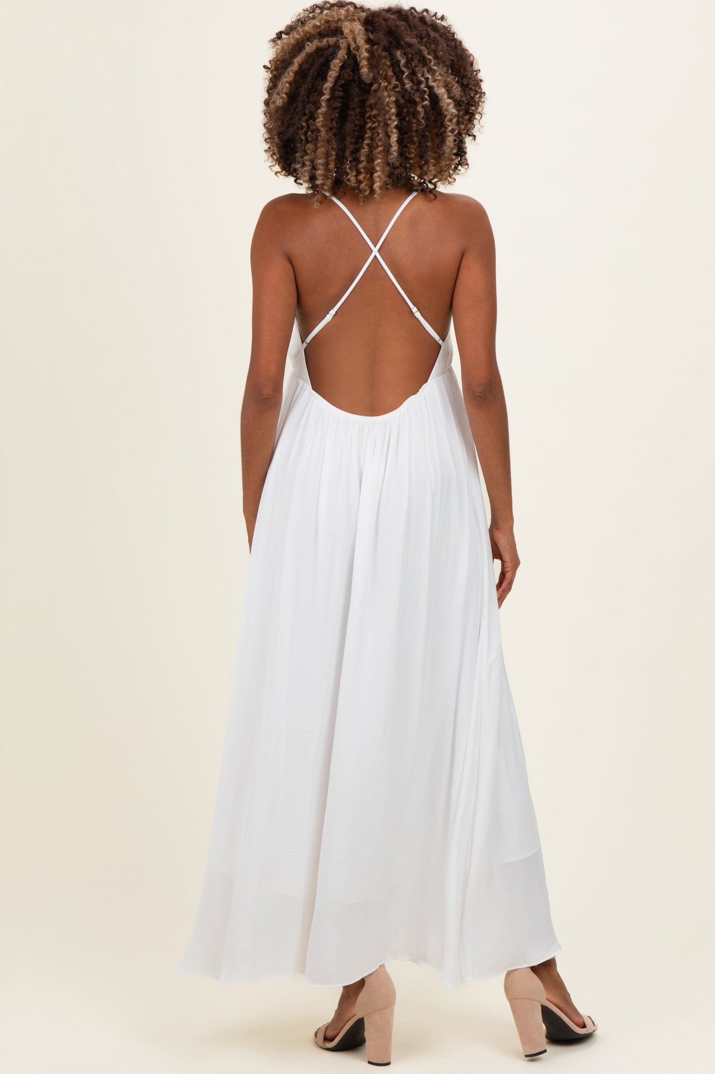 Off White V-Neck Open Back Maternity Maxi Dress