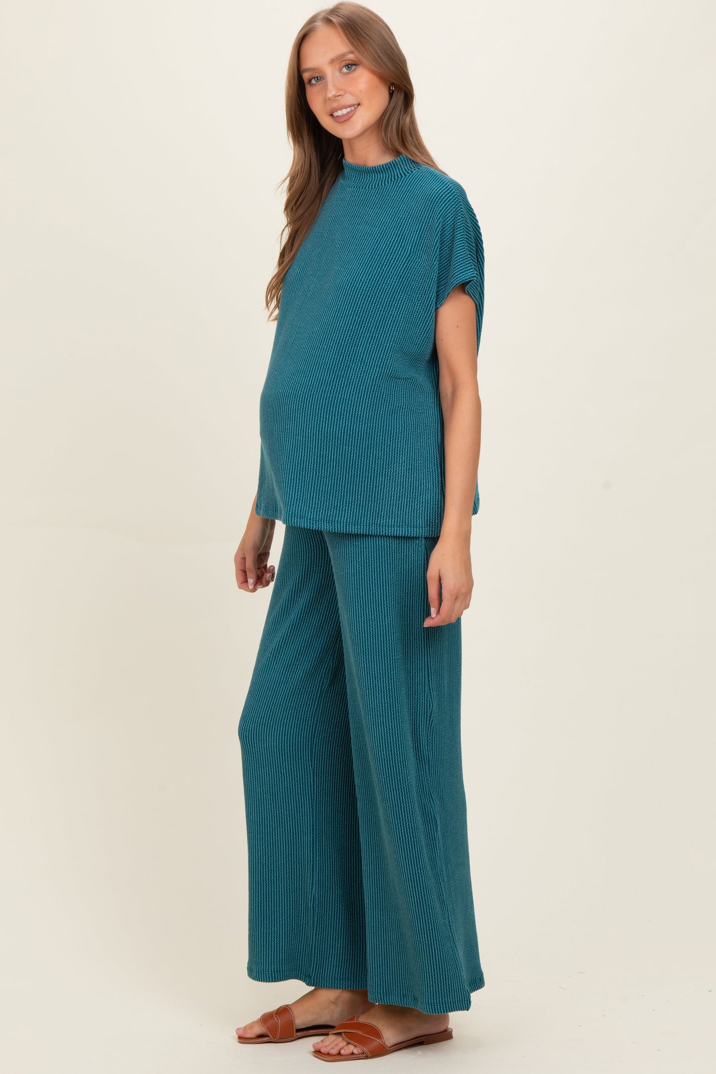 Teal Textured Rib Mock Neck Short Sleeve Pant Maternity Set