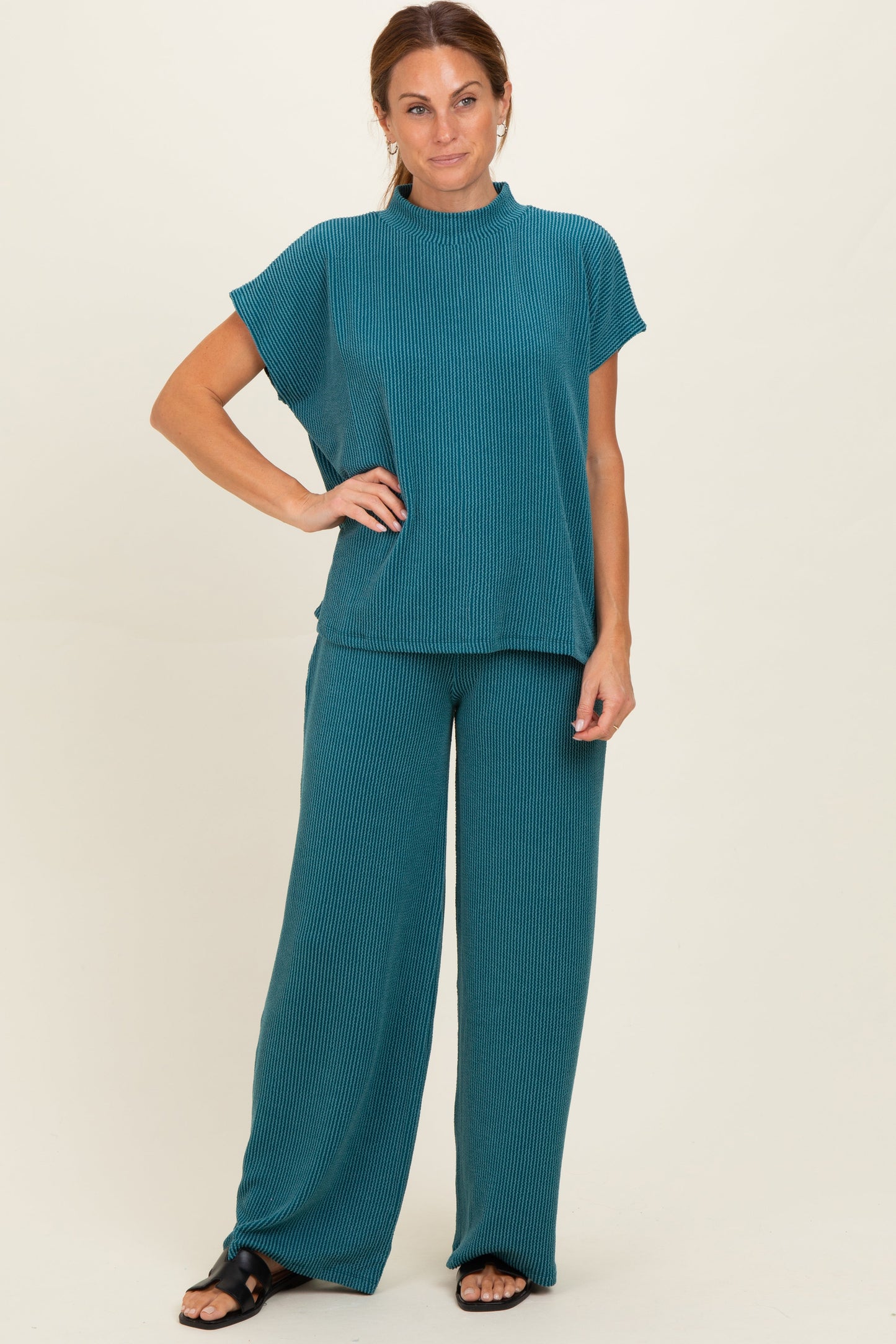 Teal Textured Rib Mock Neck Short Sleeve Pant Maternity Set