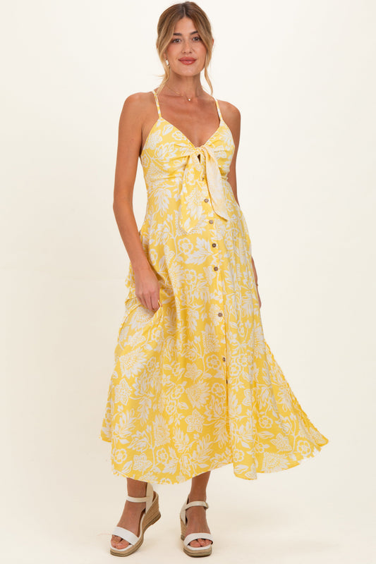 Yellow Floral Front Tie Racerback Maternity Midi Dress