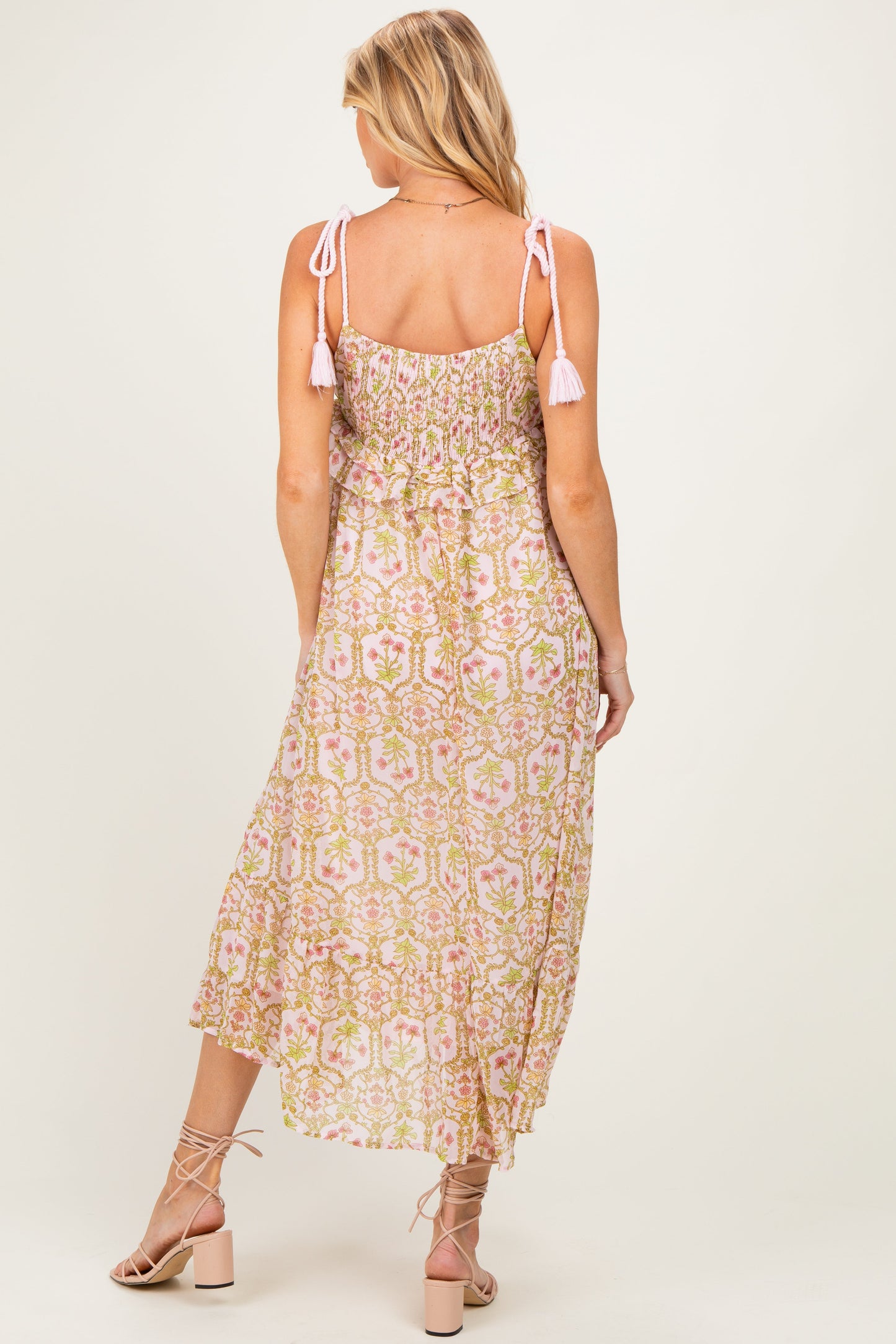 Light Pink Floral Tassel Strap Maternity Midi Dress