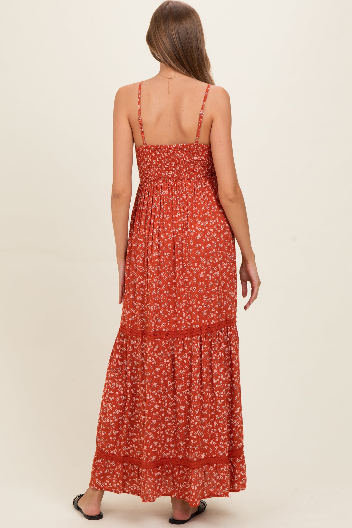Rust Smocked Bust V Neck Lace Trim Maternity Maxi Dress